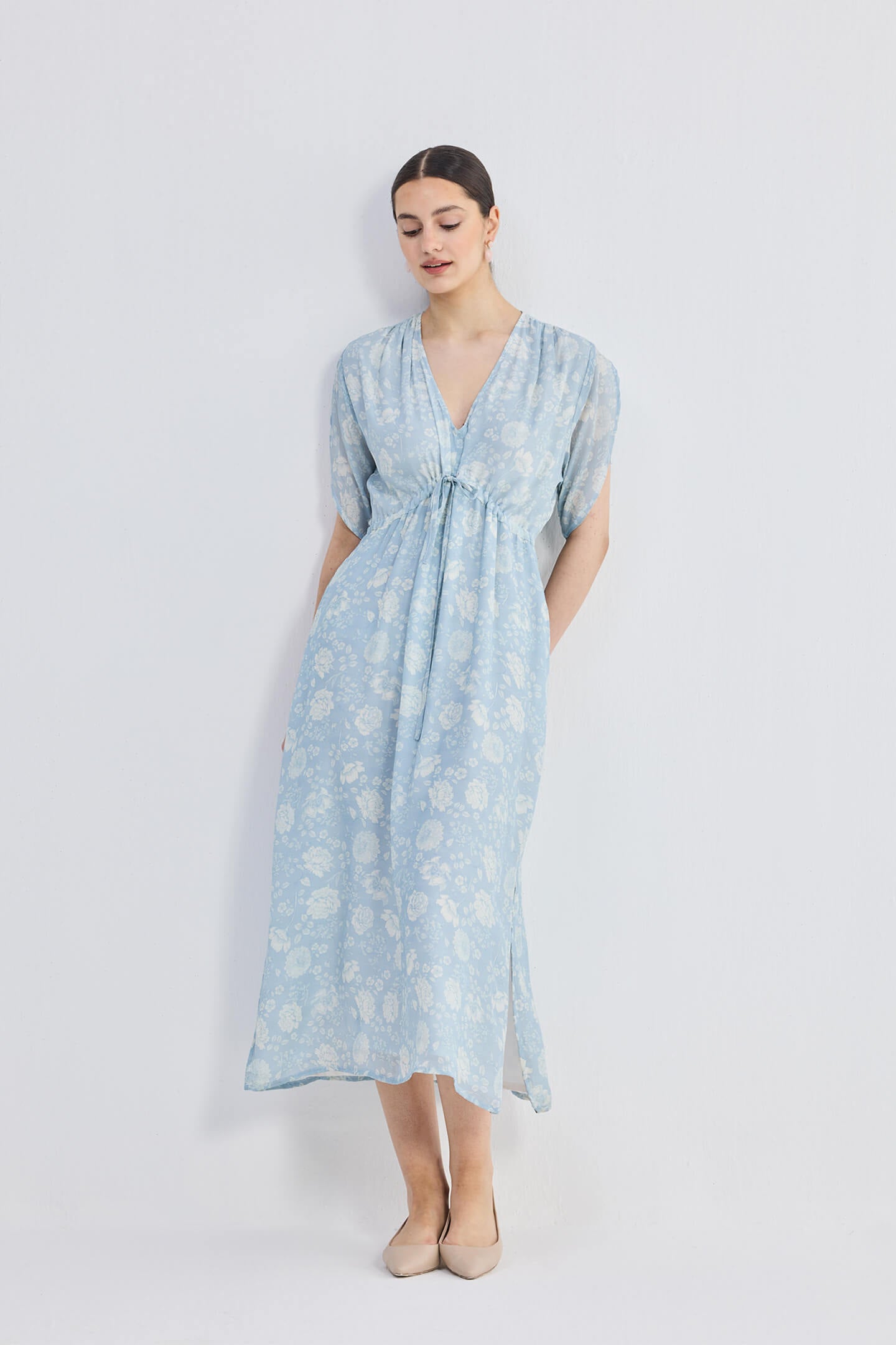 Maxi Gathered Dress in Blue Florals Front