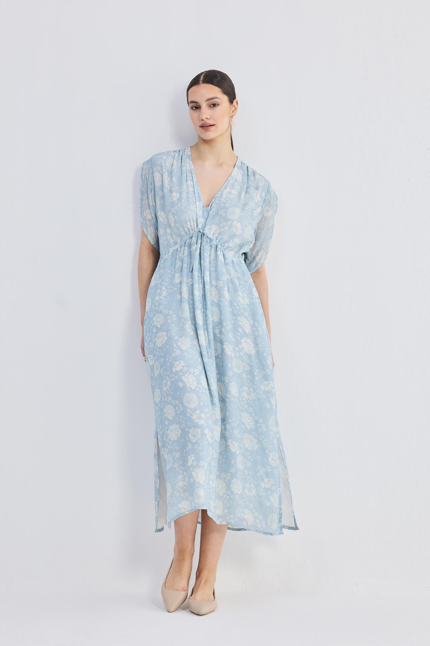 Maxi Gathered Dress in Blue Florals Front
