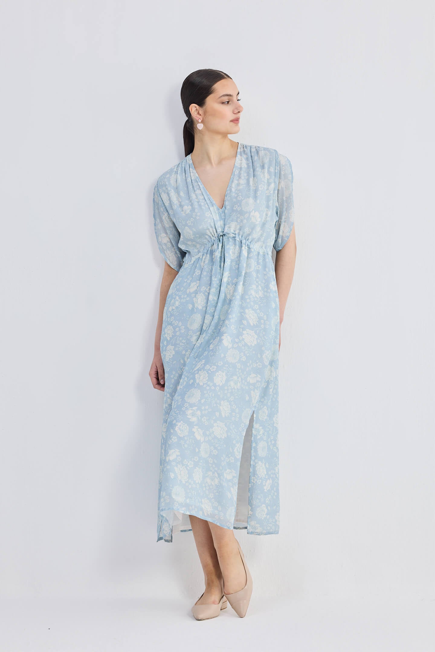 Maxi Gathered Dress in Blue Florals