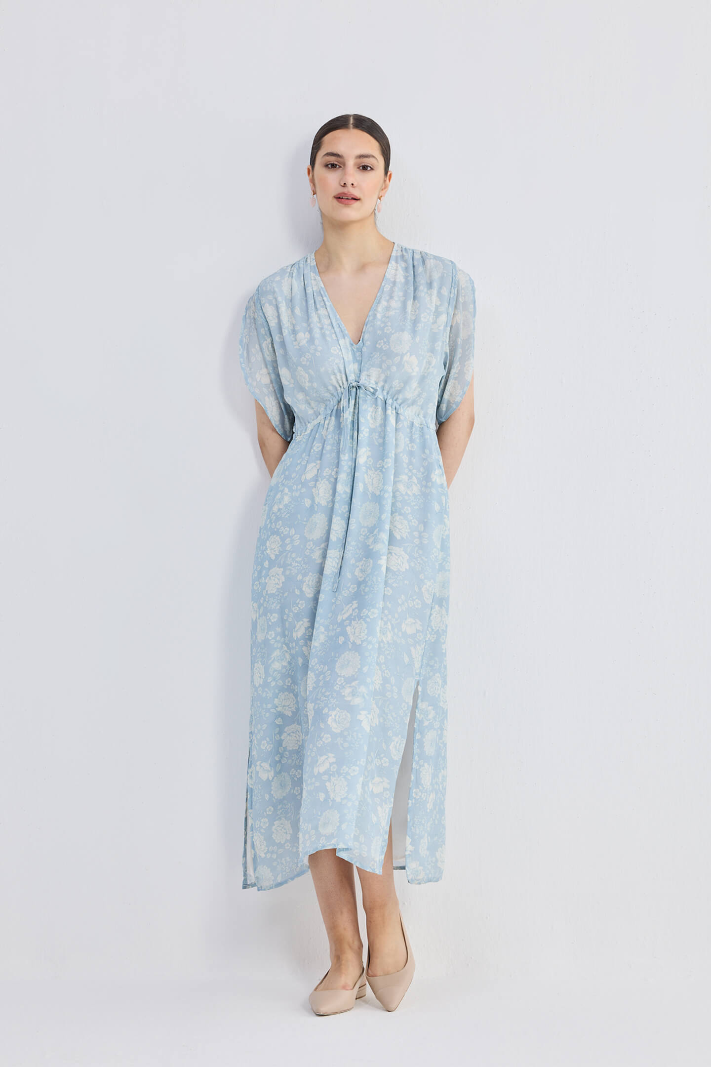 Maxi Gathered Dress in Blue Florals Front