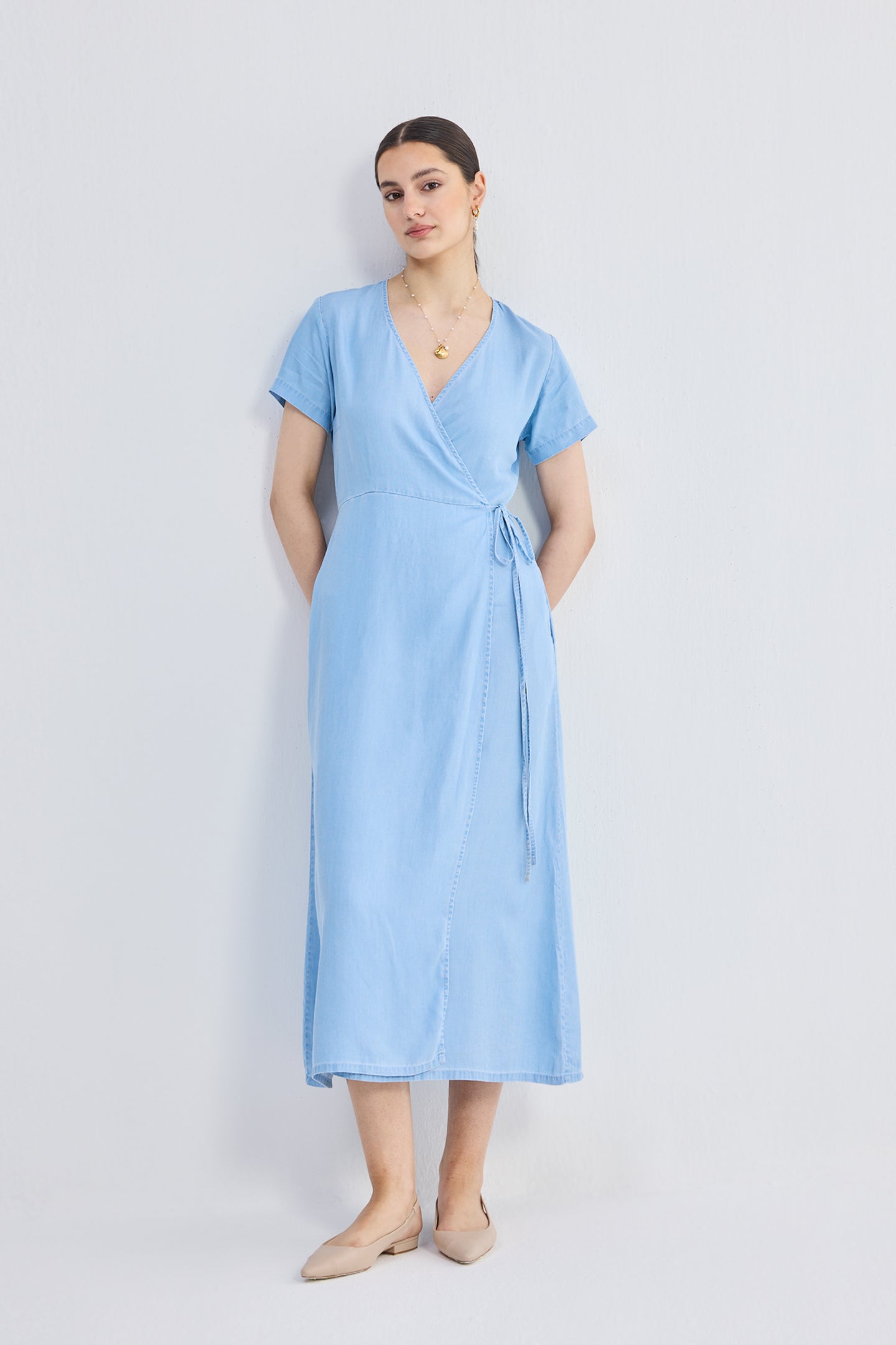 Maxi Wrap Dress in Light Blue Front
