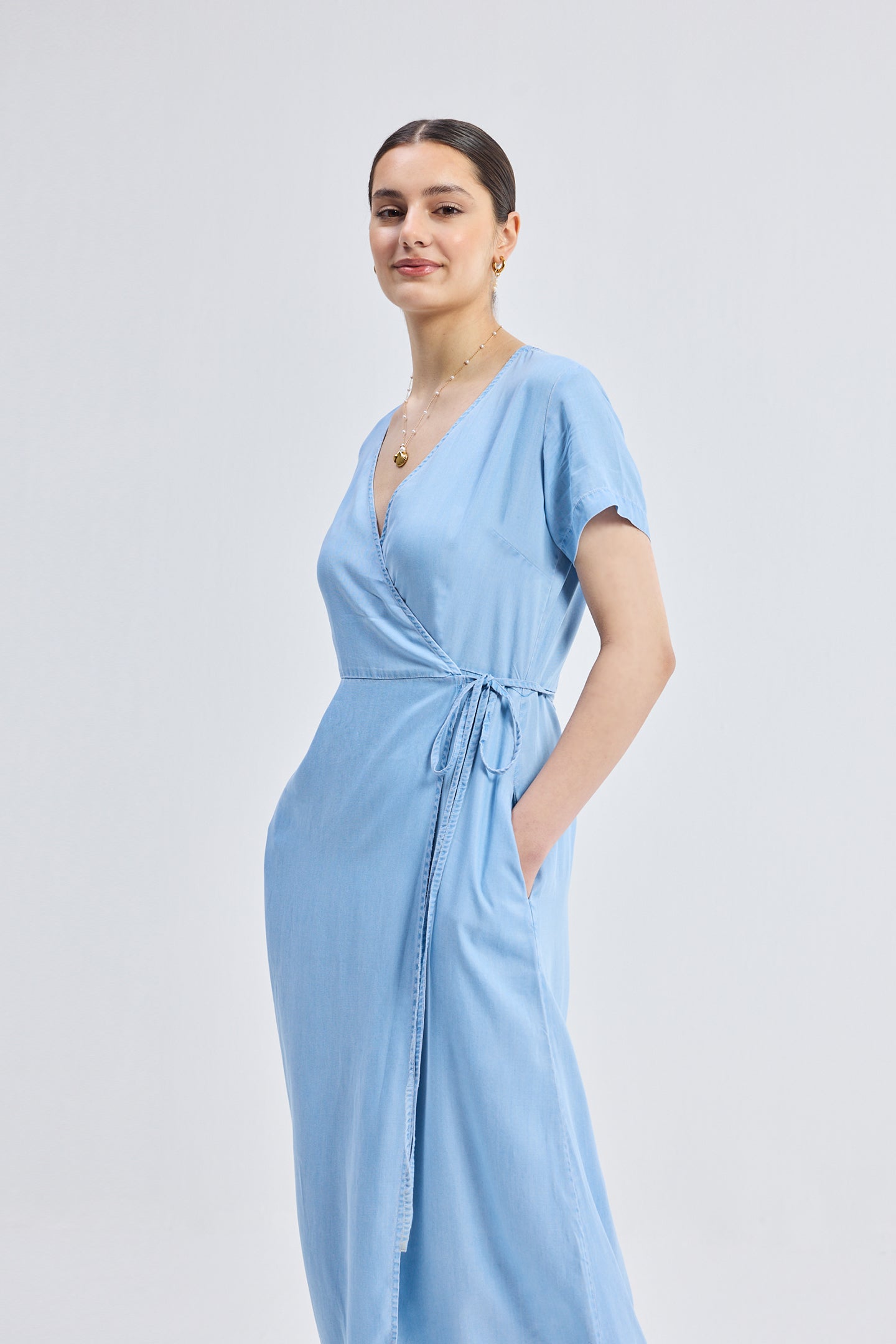 Maxi Wrap Dress in Light Blue Side