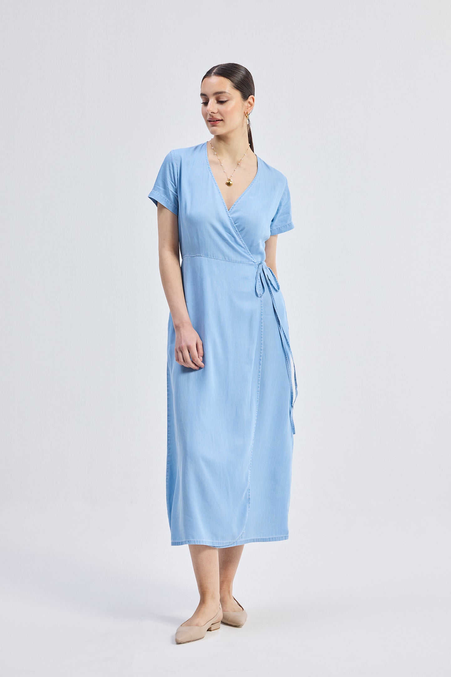 Maxi Wrap Dress in Light Blue Front
