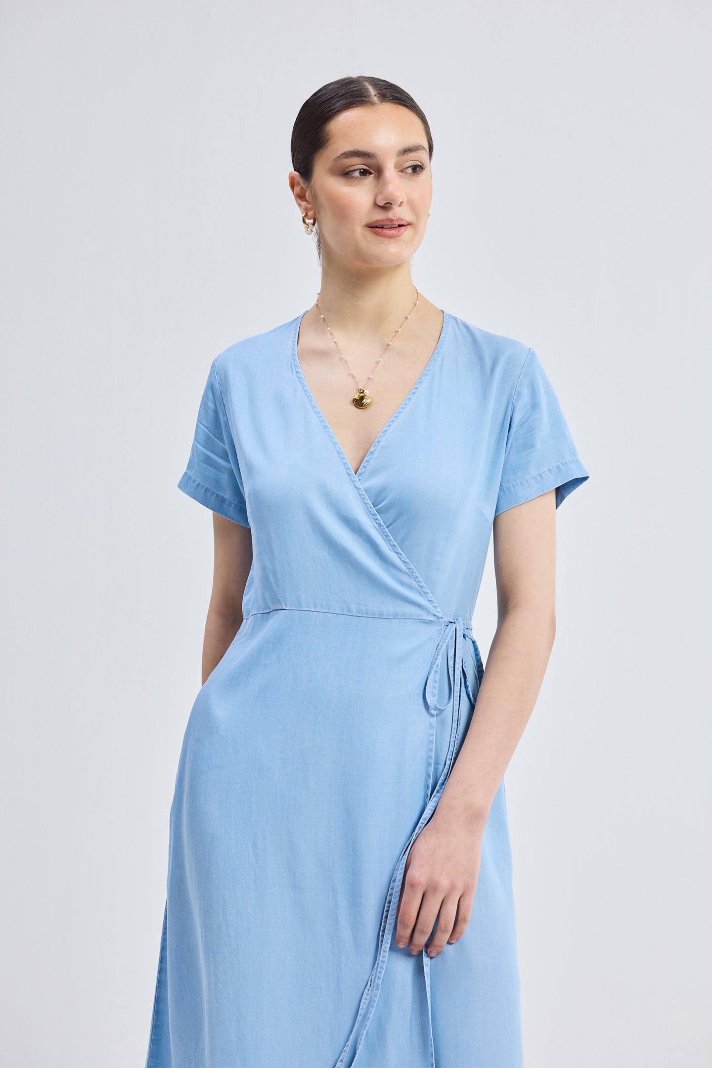 Maxi Wrap Dress in Light Blue Front