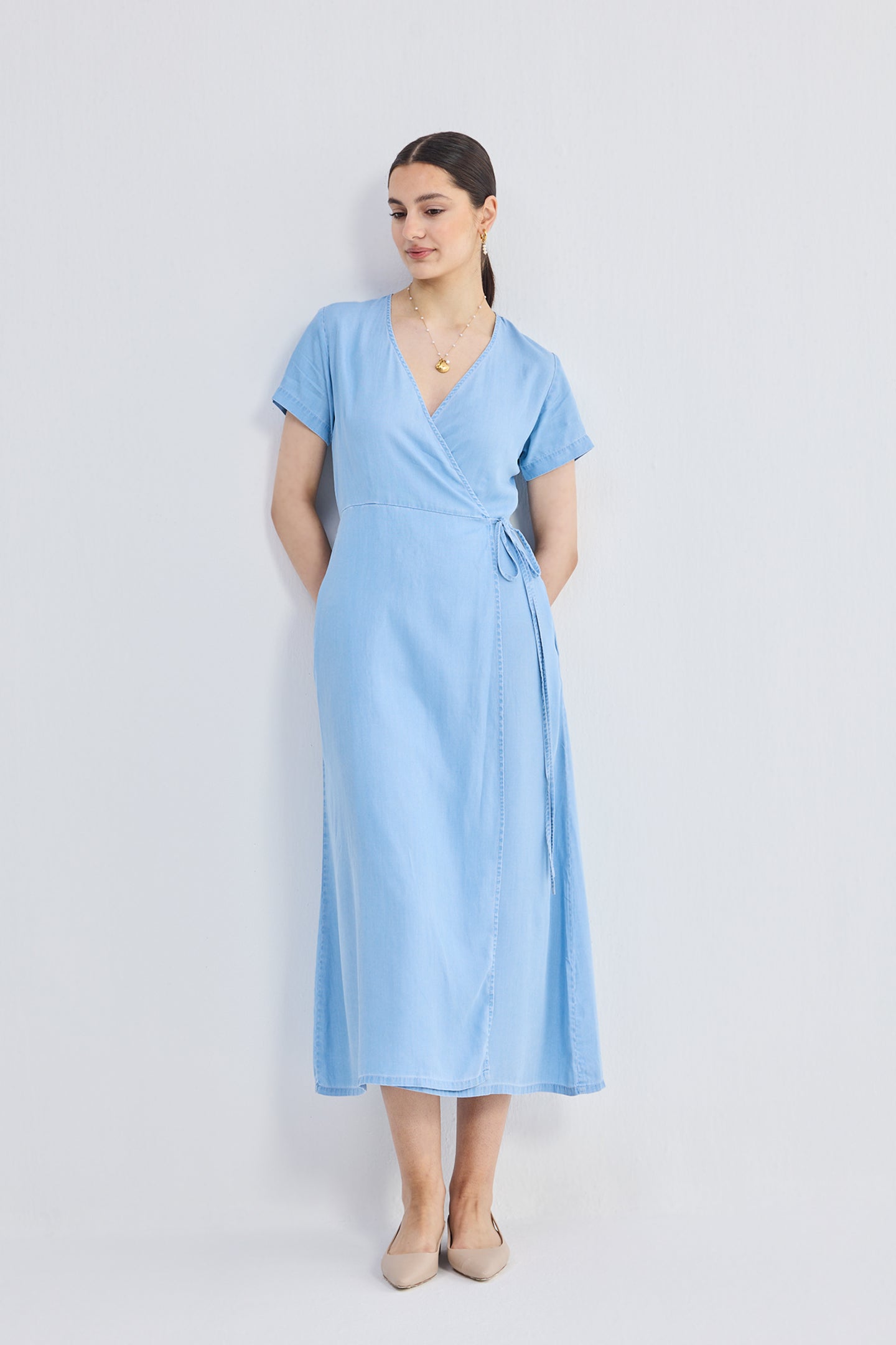 Maxi Wrap Dress in Light Blue Front