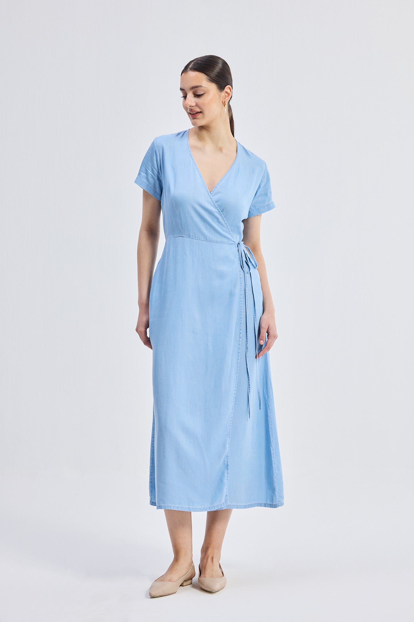 Maxi Wrap Dress in Light Blue Front