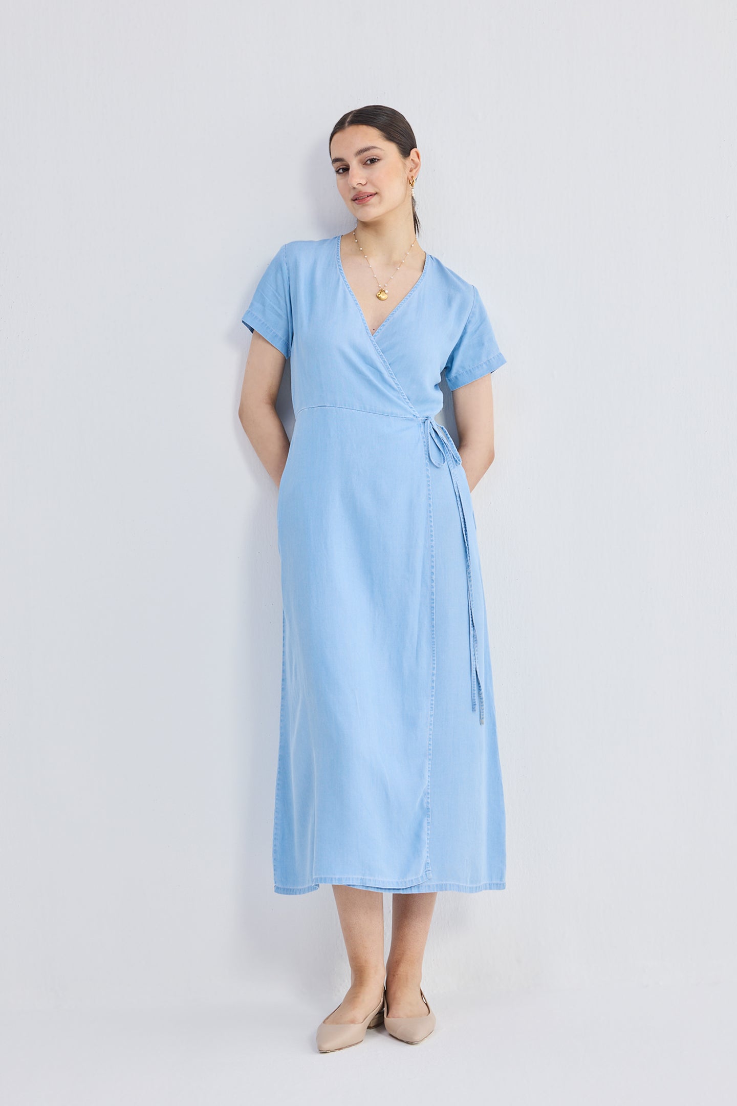 Maxi Wrap Dress in Light Blue Front