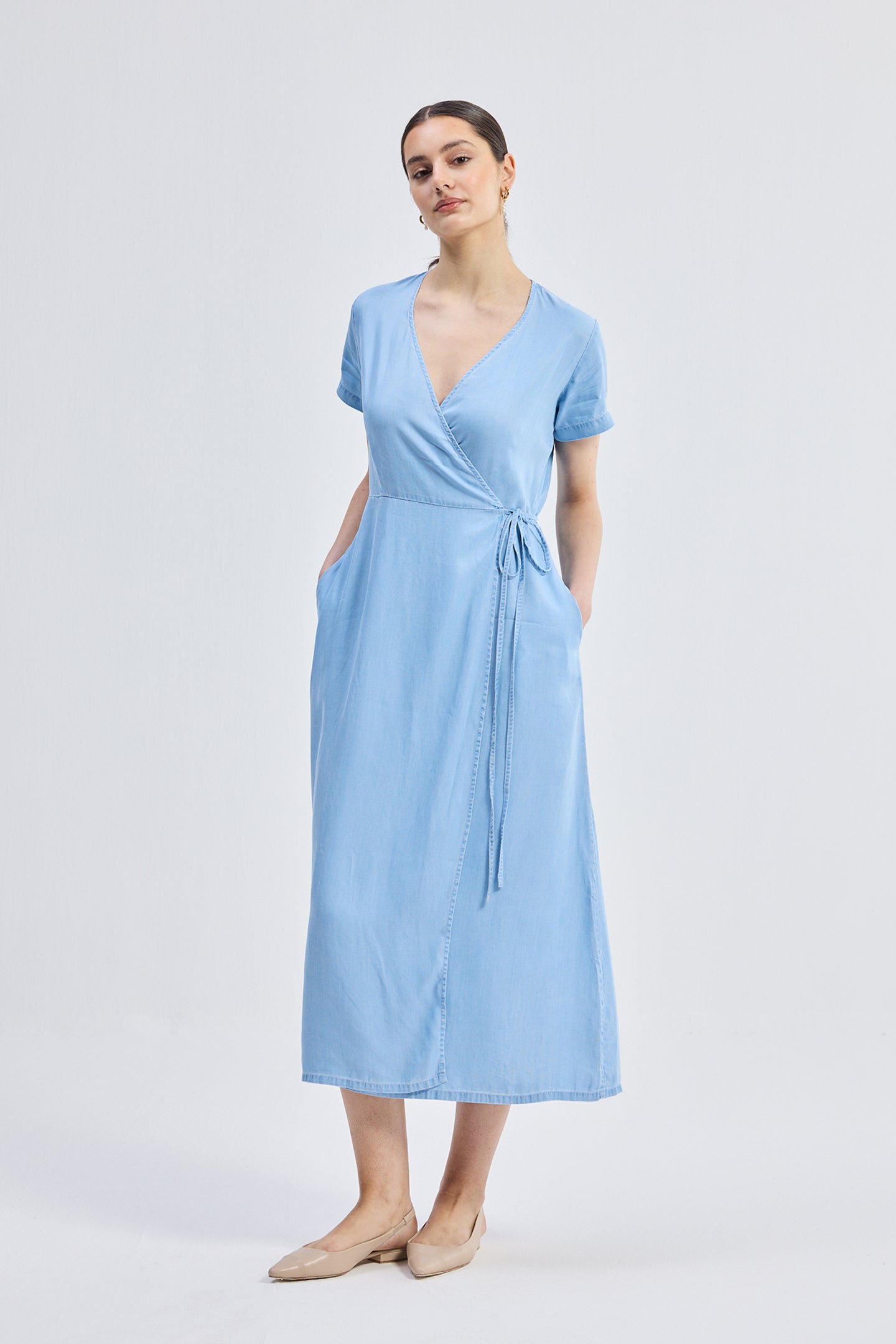 Maxi Wrap Dress in Light Blue Front