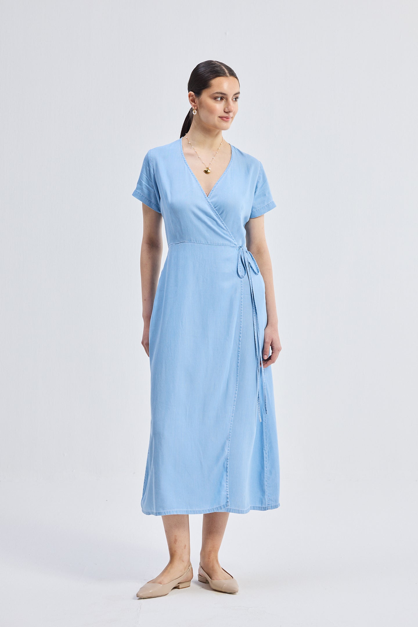 Maxi Wrap Dress in Light Blue Front