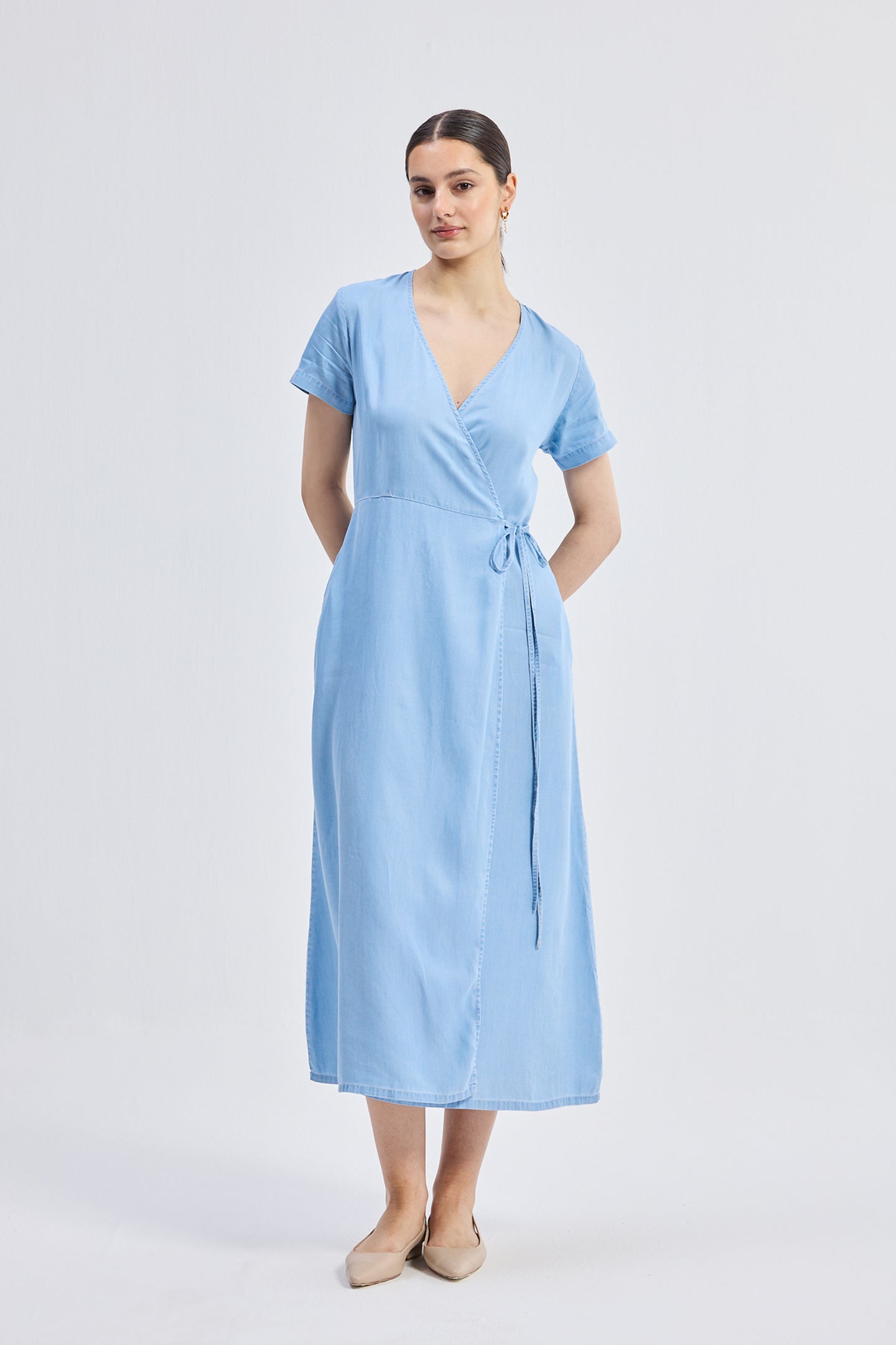 Maxi Wrap Dress in Light Blue Front