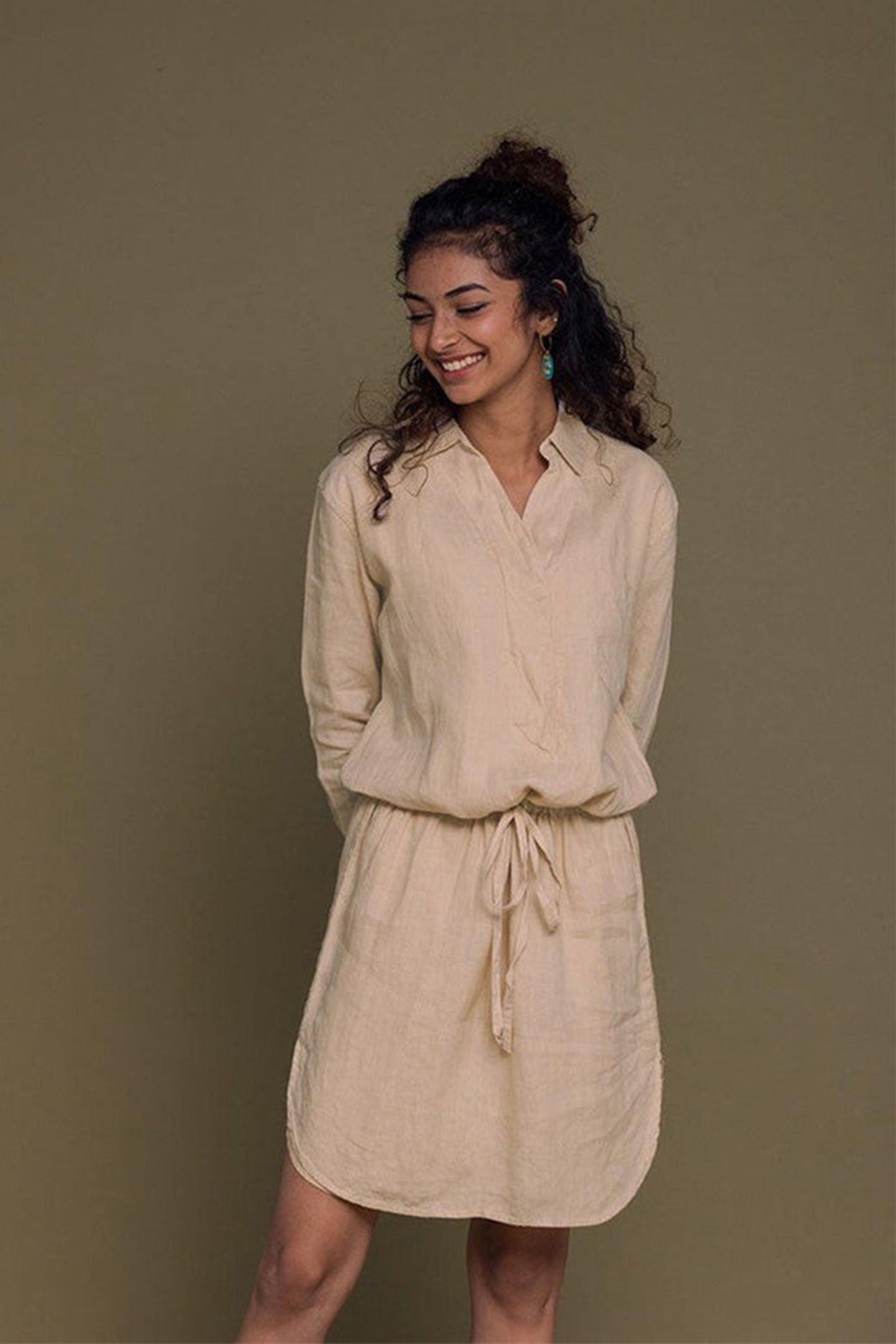 neutral beige dress Reiss Linen Tie-Waist Tailored Midi Dress in Neutral