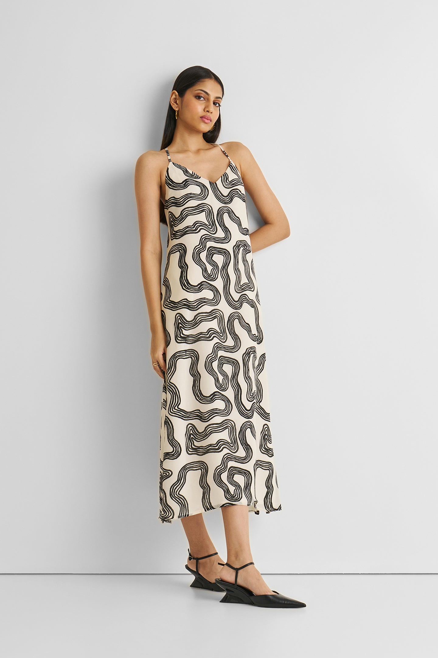 Midi Slip Dress in Black Stripes Maze / S Midi Slip Dress in Black Stripes Maze / S