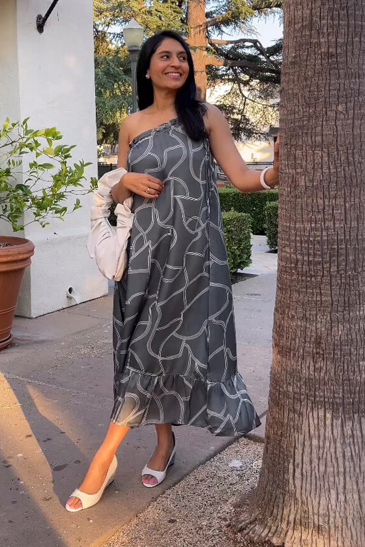 One Shoulder Maxi Dress in Abstract Stripes Moodshot