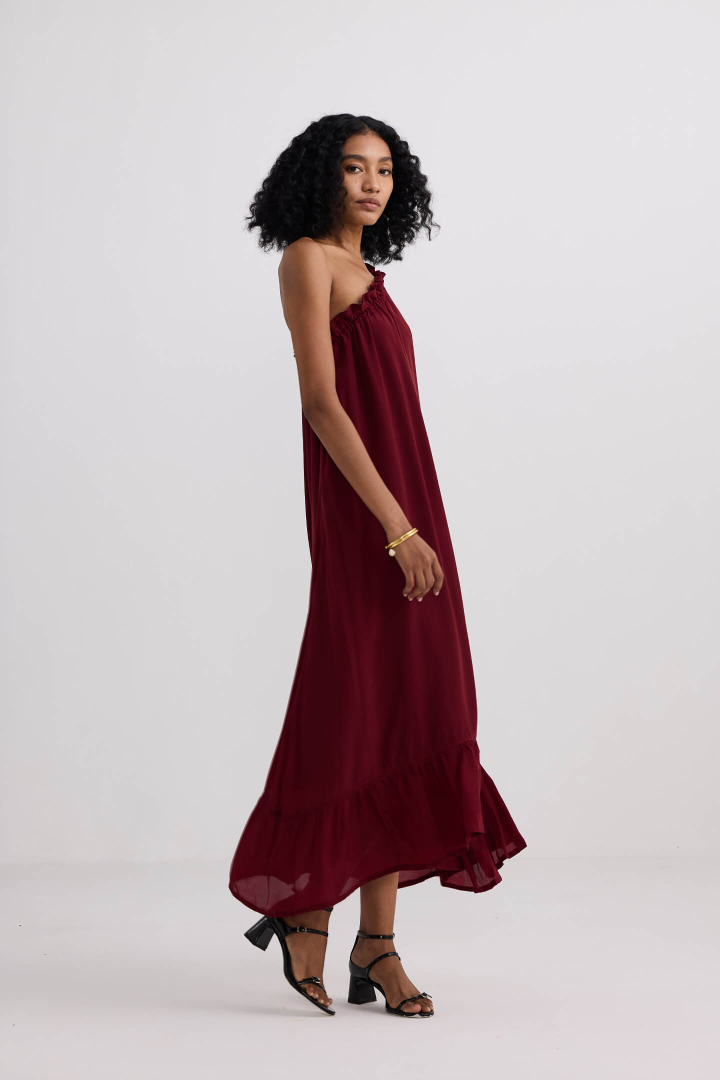 One-shoulder Midi dress in Burgundy Side