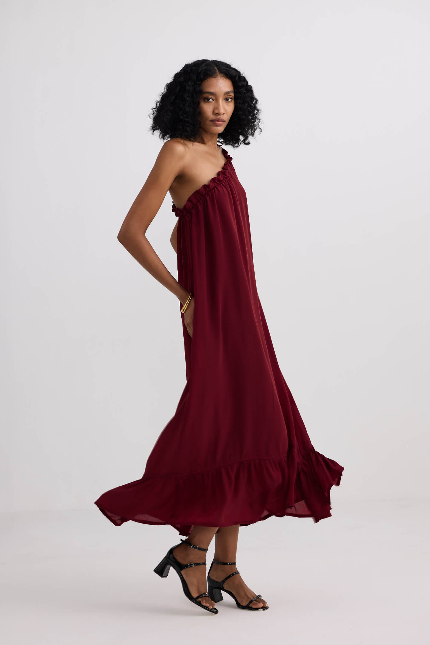 One-shoulder Midi dress in Burgundy Side