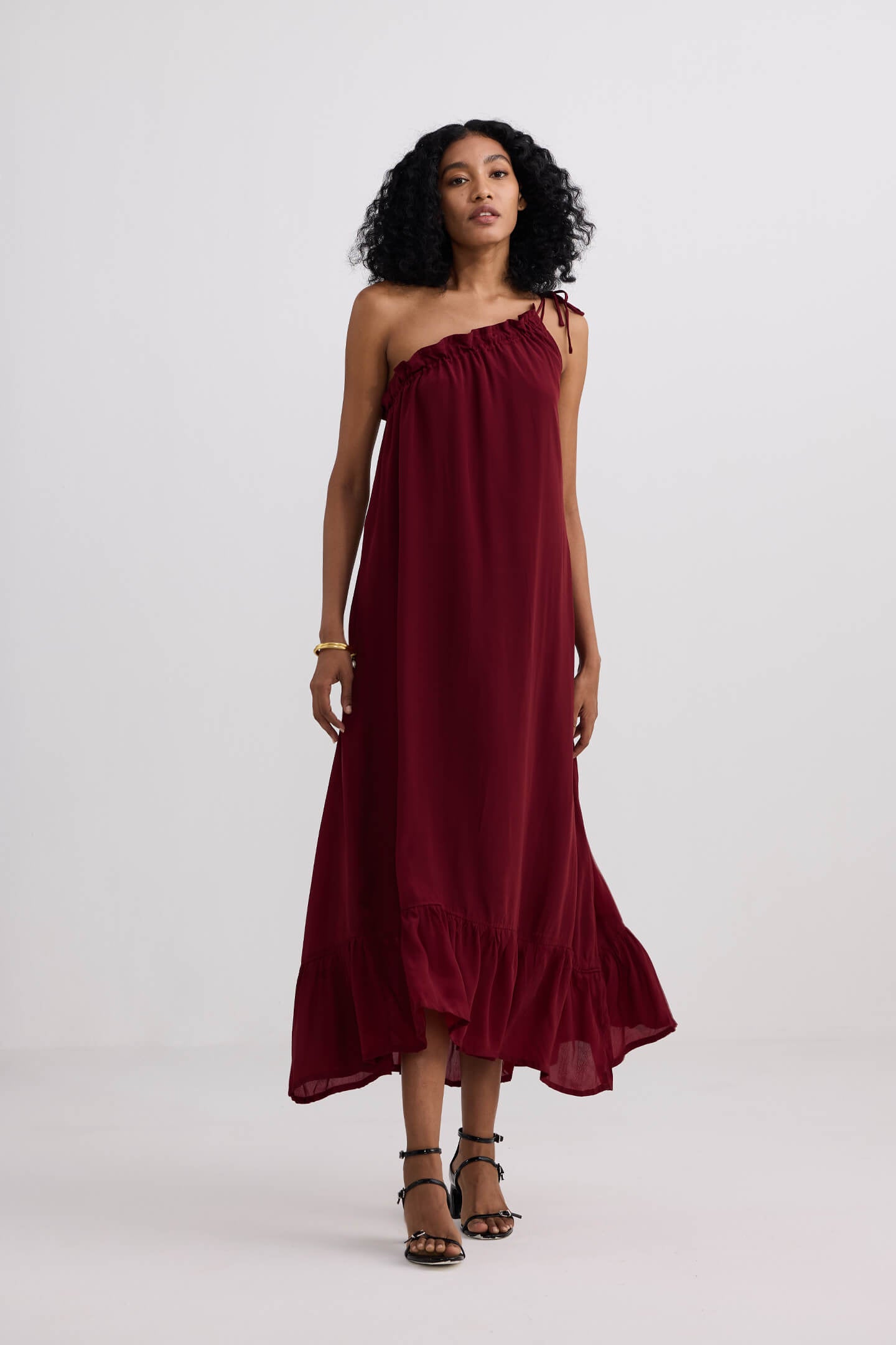 One-shoulder Midi dress in Burgundy Front
