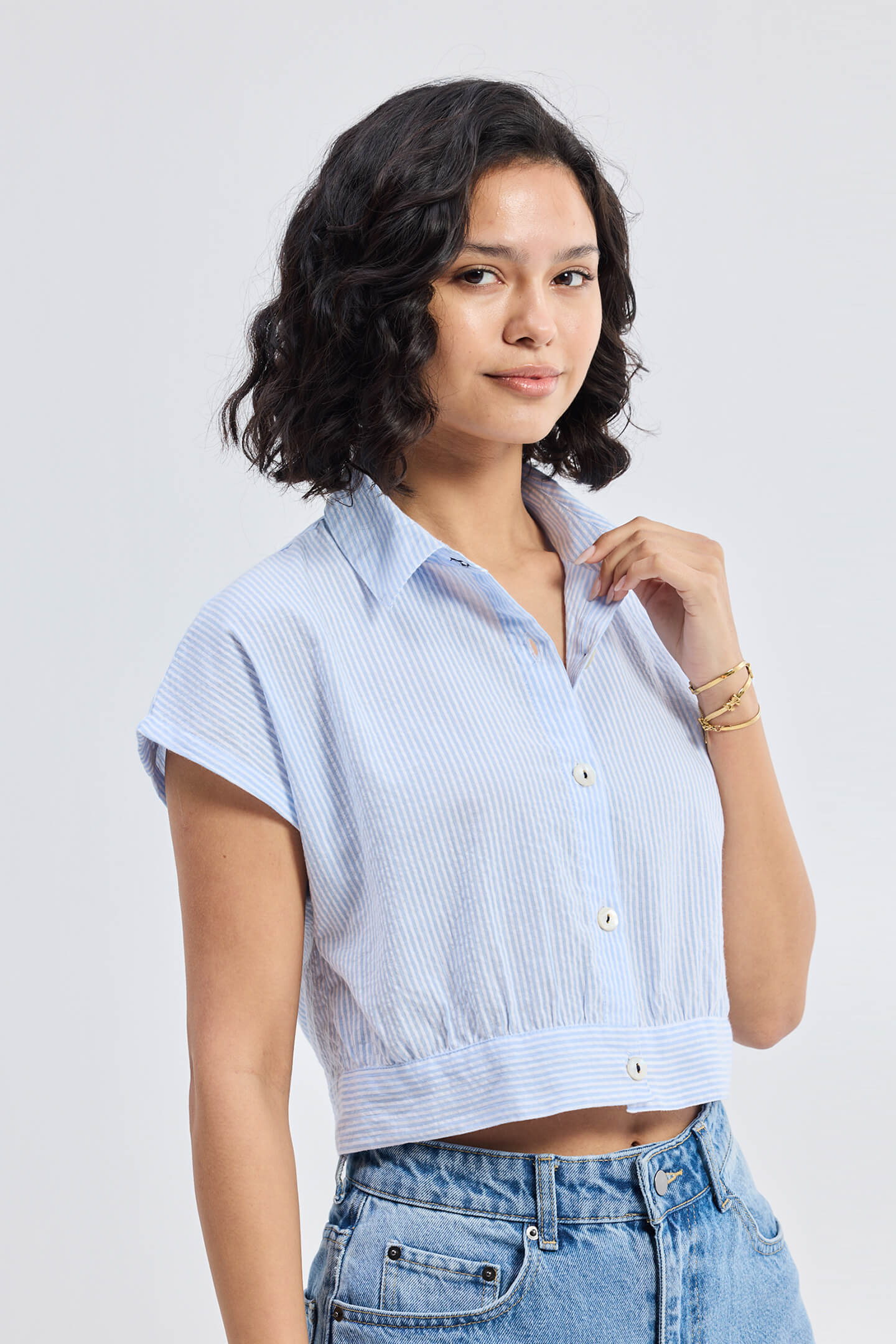 Oversized Crop Shirt in Classic Stripes Front