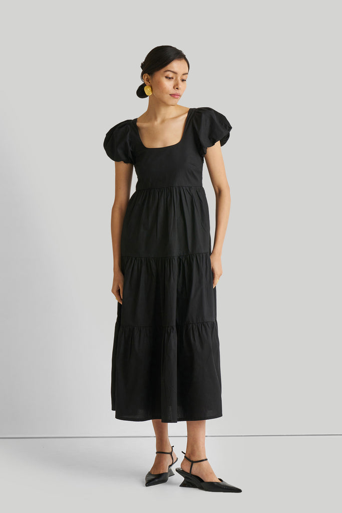 Puff Sleeve Tiered Black Maxi Dress 01