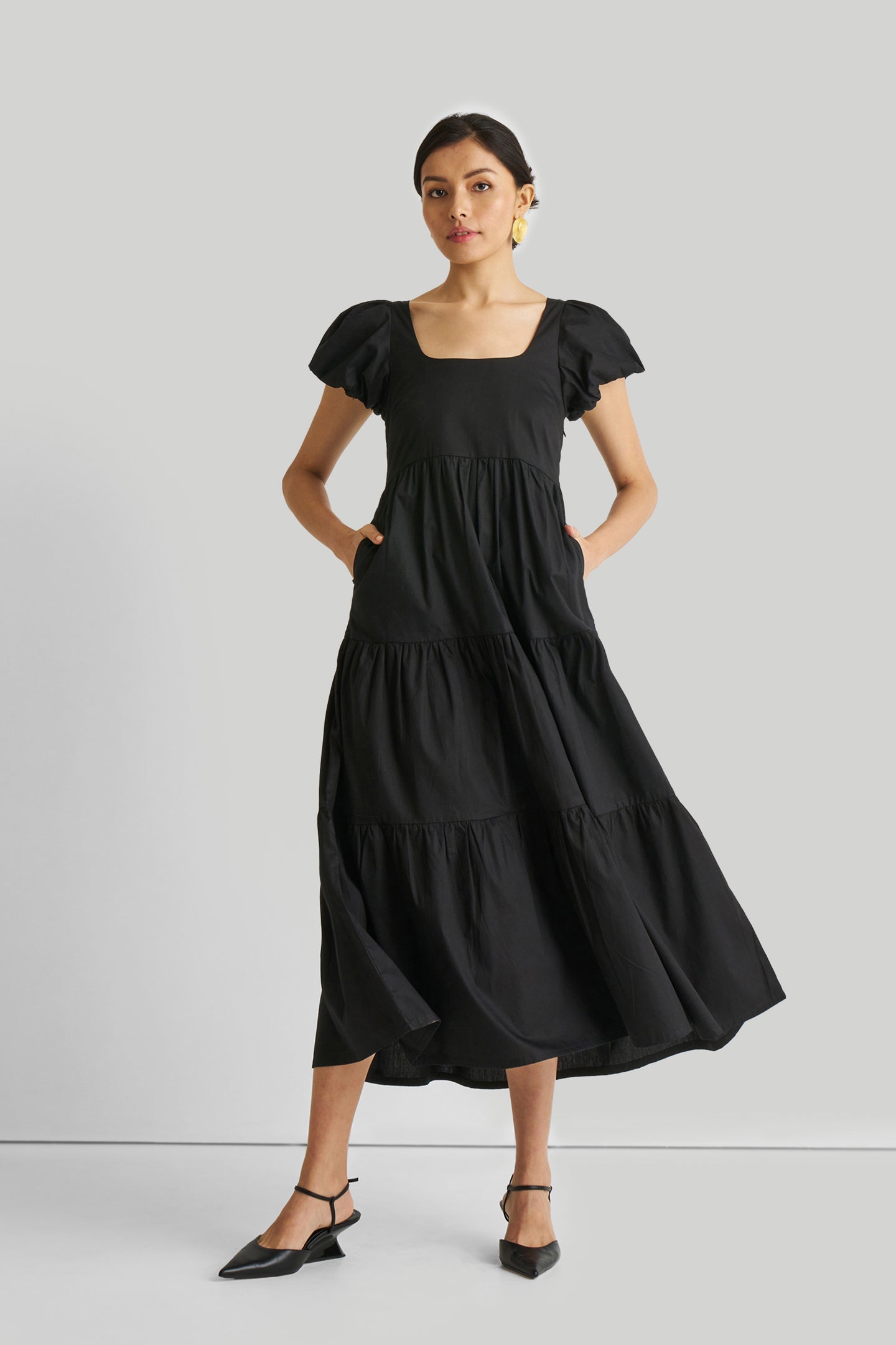 Black Puff Sleeve Dress - Tiered Maxi Reistor Black Puff Sleeve Dress - Tiered Maxi Reistor