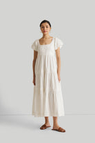 Puff Sleeve Embroidered Tiered Dress in White