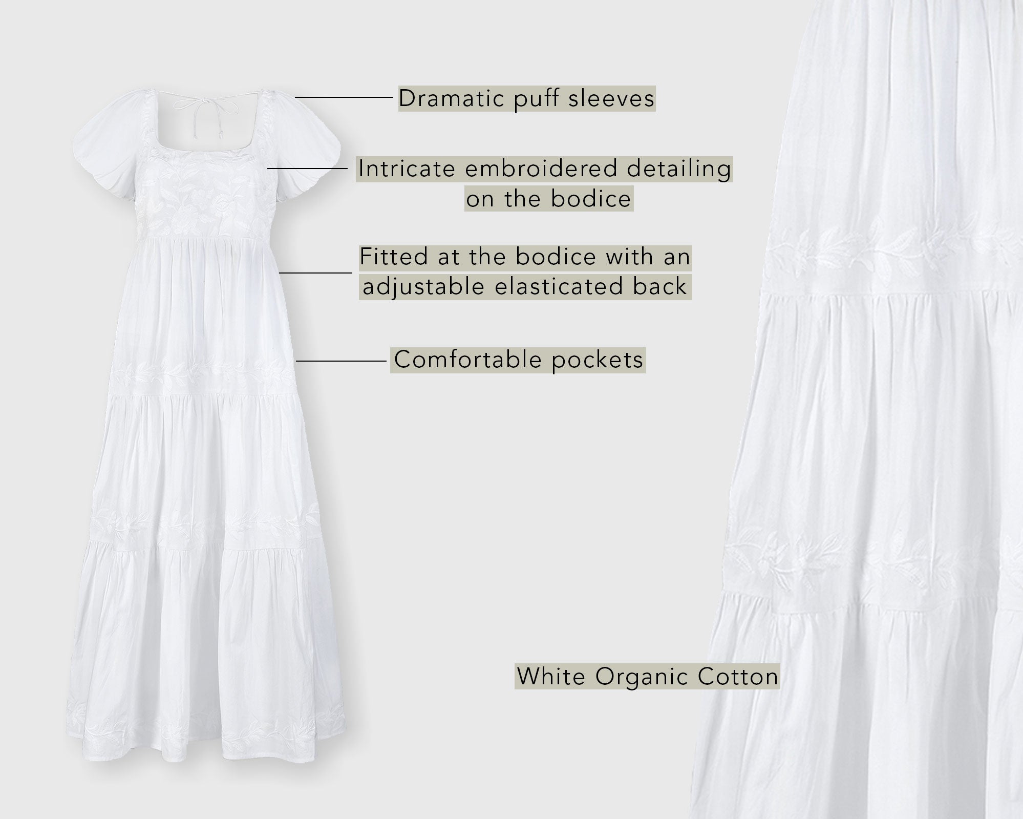 Puff Sleeve Embroidered Tiered Dress in White