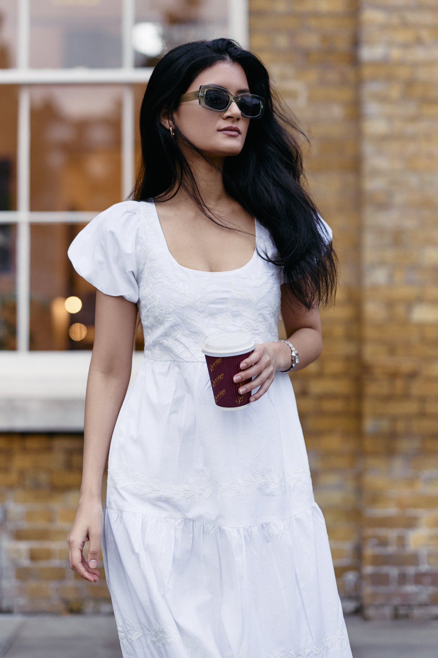 Puff Sleeve Embroidered Tiered Dress in White