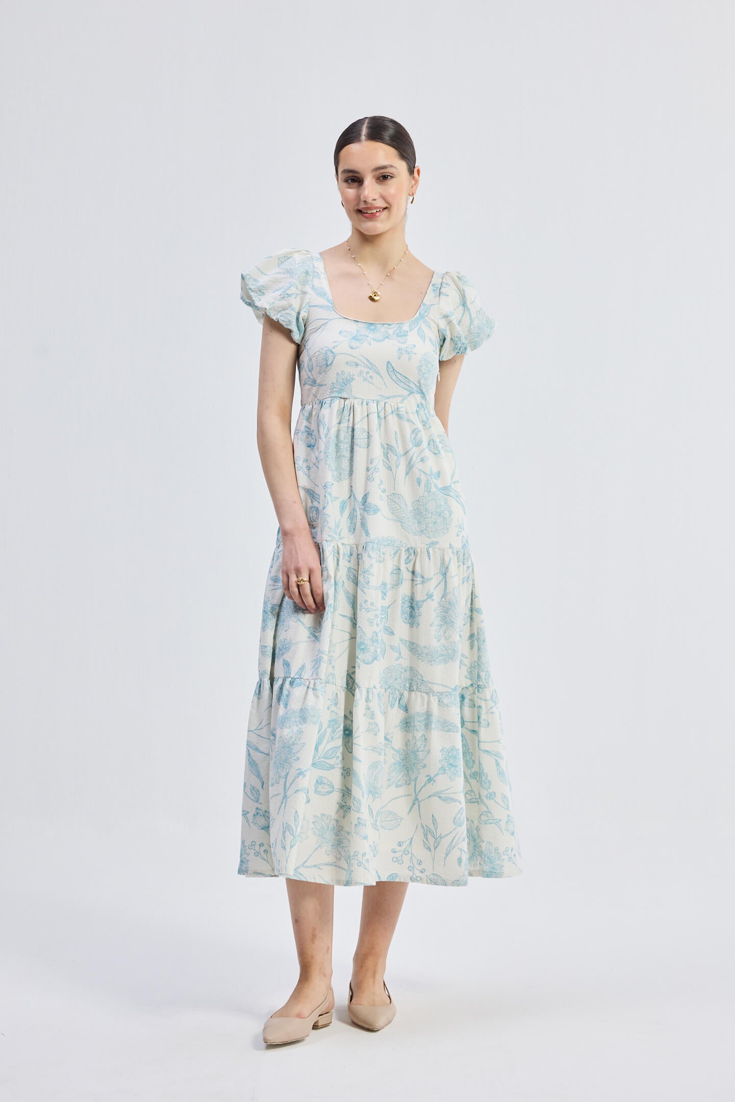 Puff Sleeve Tiered Maxi Dress in Blue Florals Front