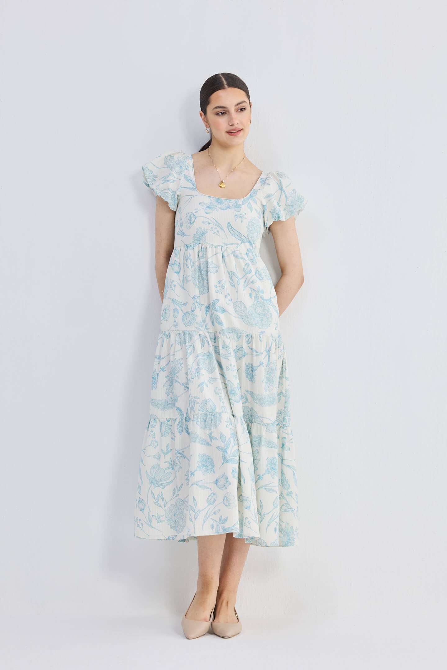 Puff Sleeve Tiered Maxi Dress in Blue Florals Front