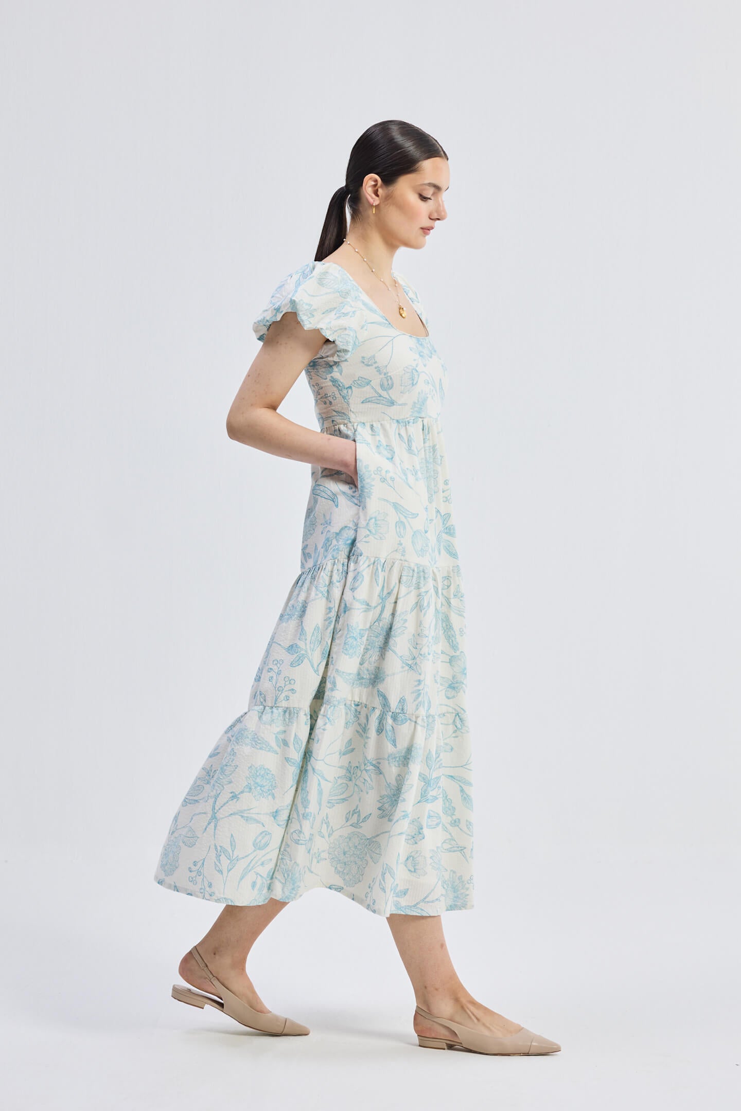 Puff Sleeve Tiered Maxi Dress in Blue Florals