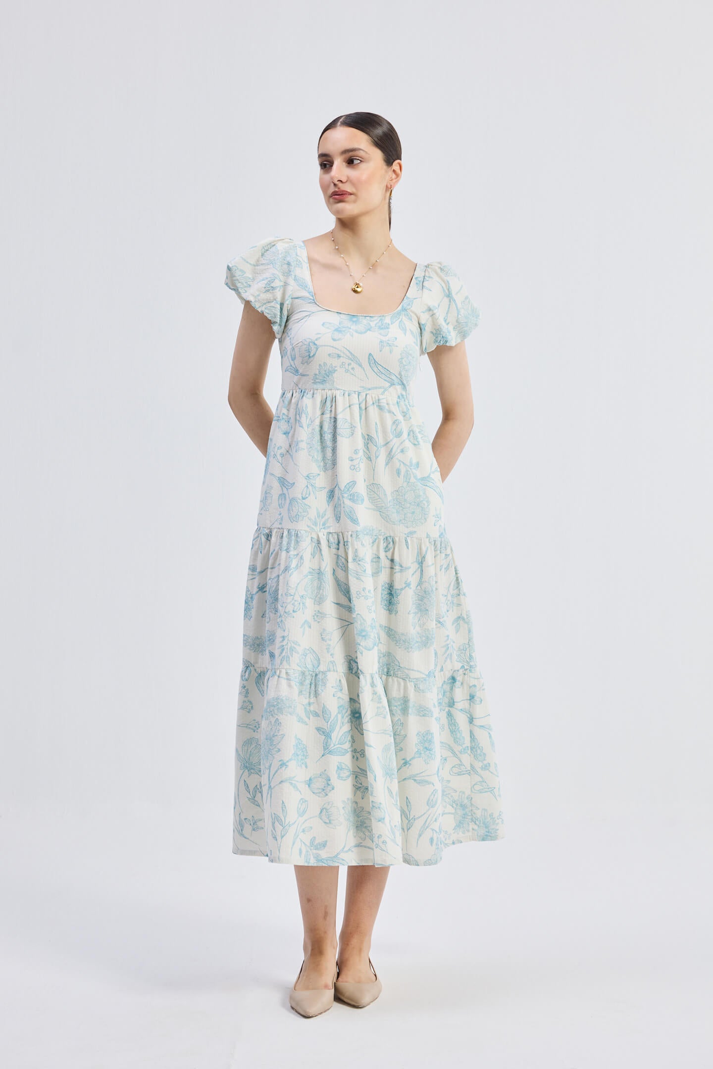 Puff Sleeve Tiered Maxi Dress in Blue Florals Front