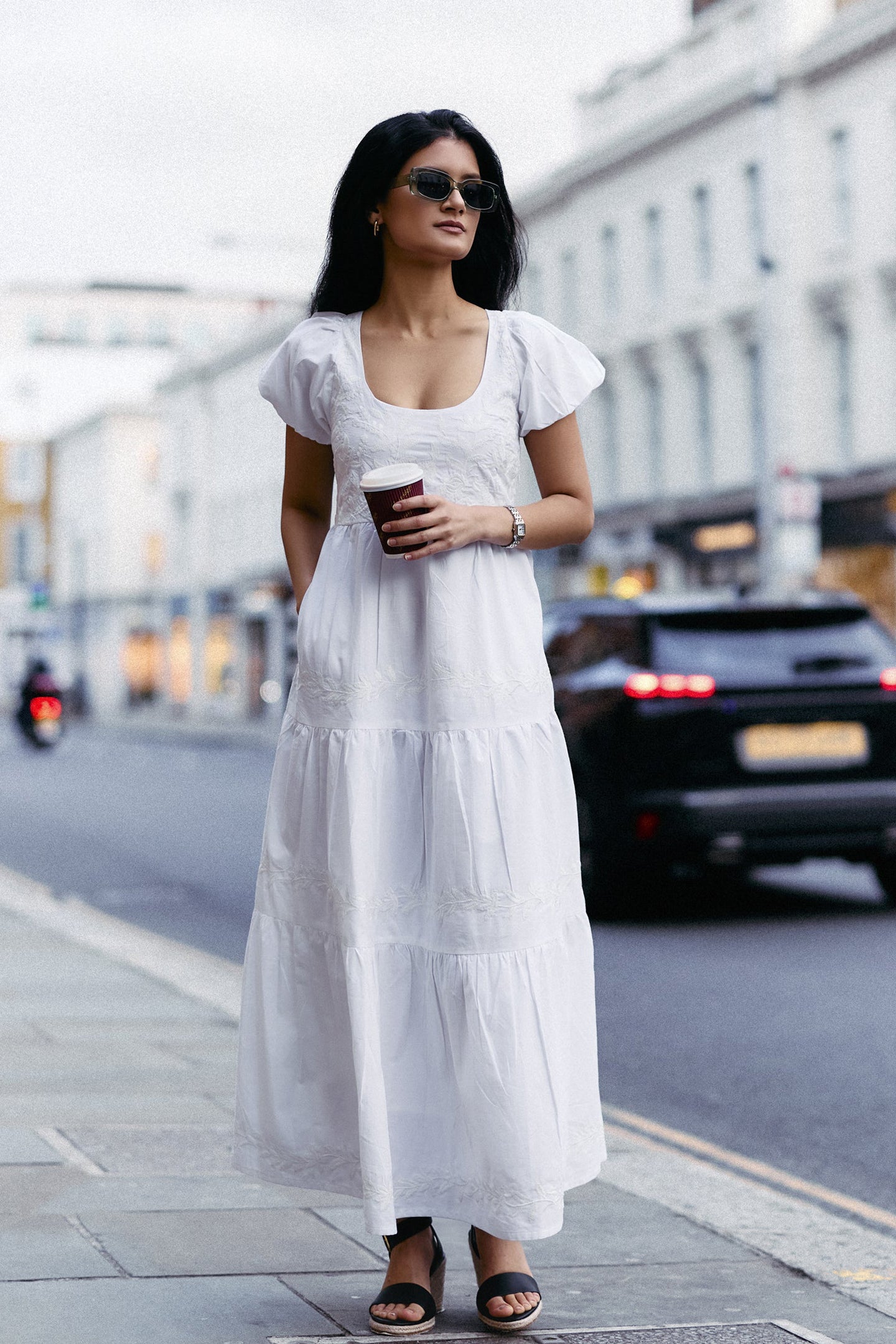 Puff Sleeve Embroidered Tiered Dress in White