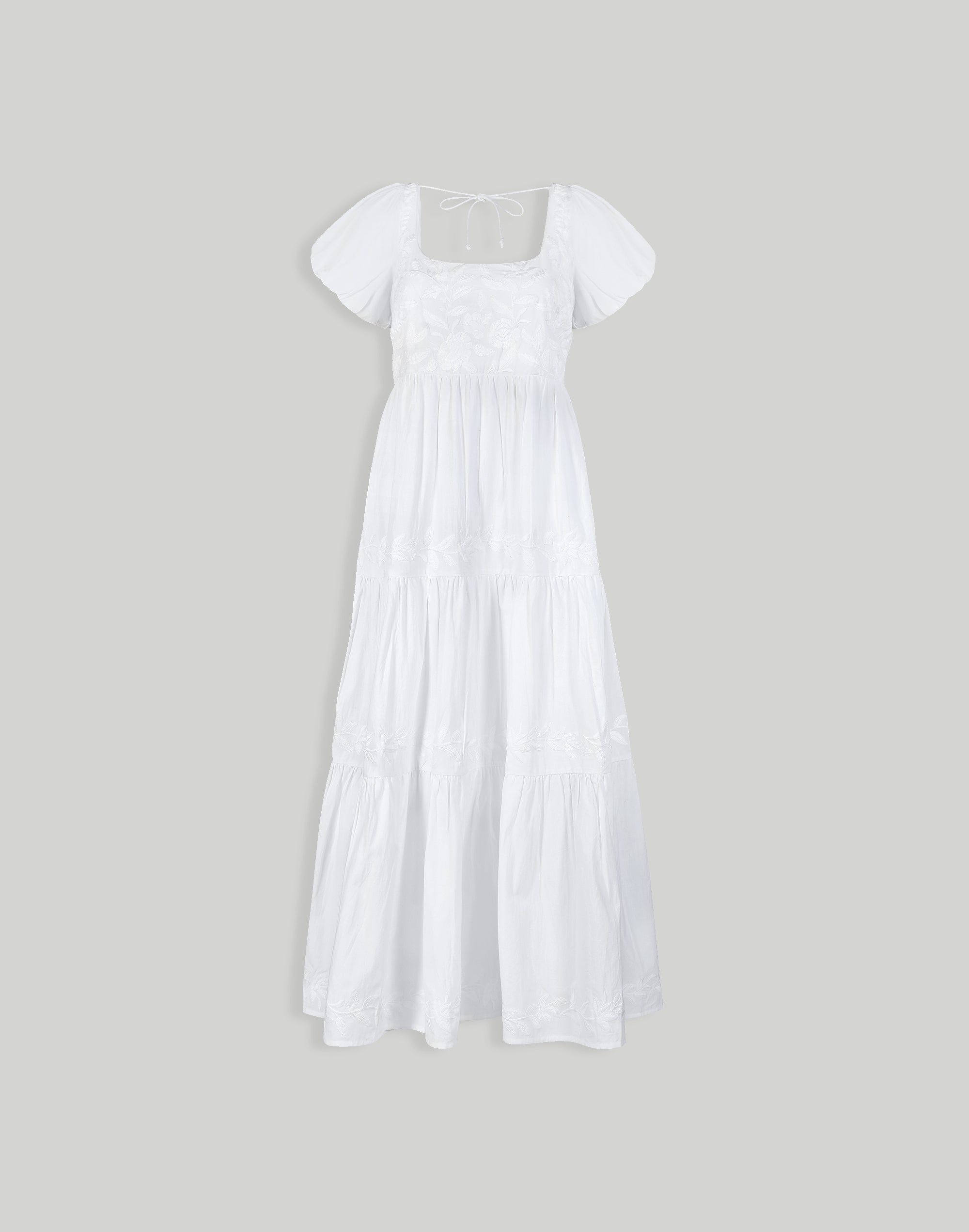 Puff Sleeve Embroidered Tiered Dress in White