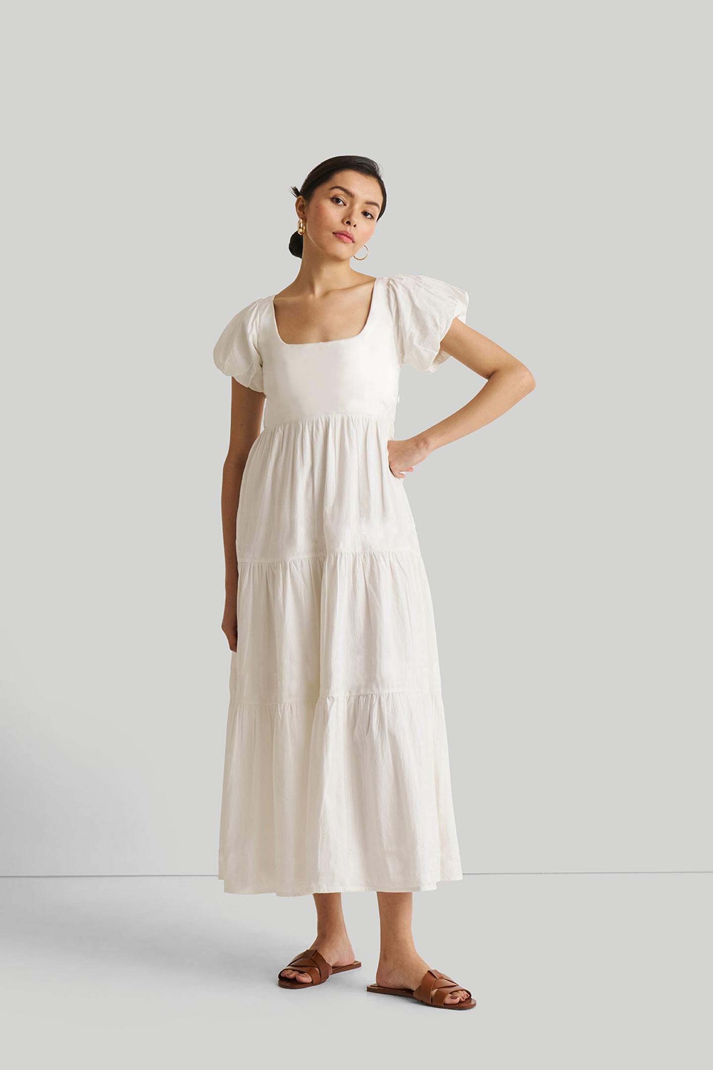 Puff Sleeve Tiered Dress in White Coconut White / S Puff Sleeve Tiered Dress in White Coconut White / S