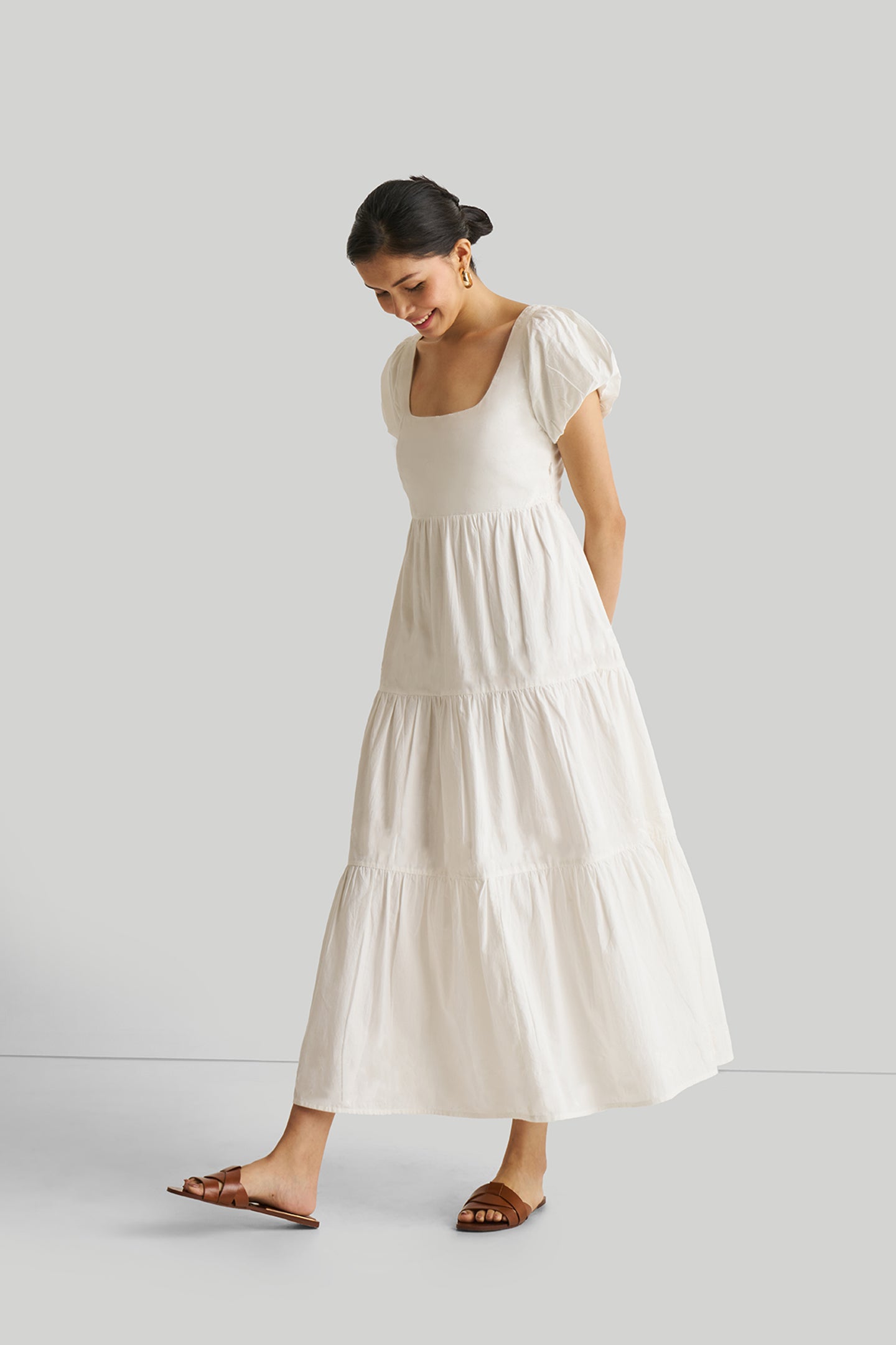 Puff Sleeve Tiered Dress in White