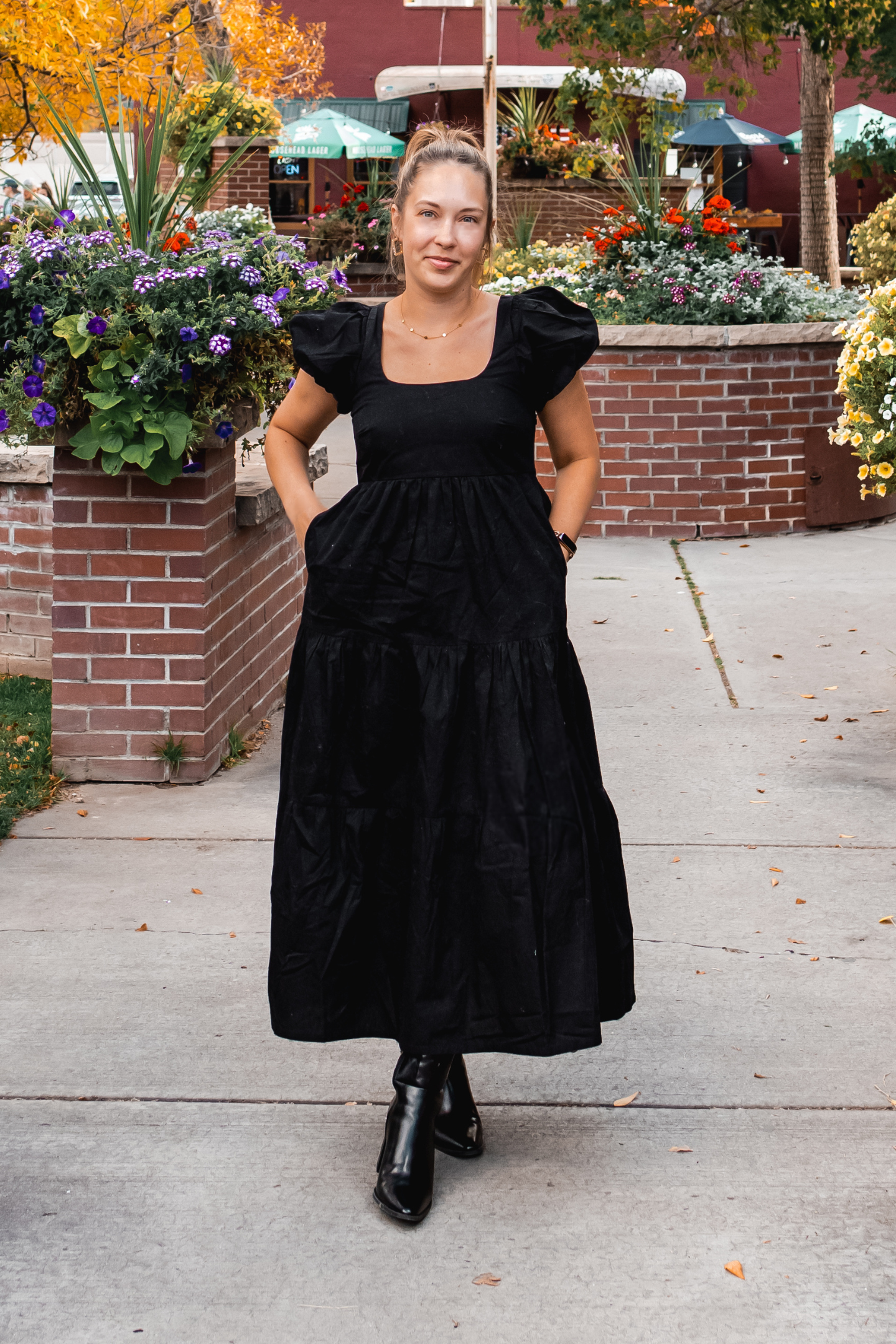 Puff Sleeved Tiered Maxi Dress in Black Garden View