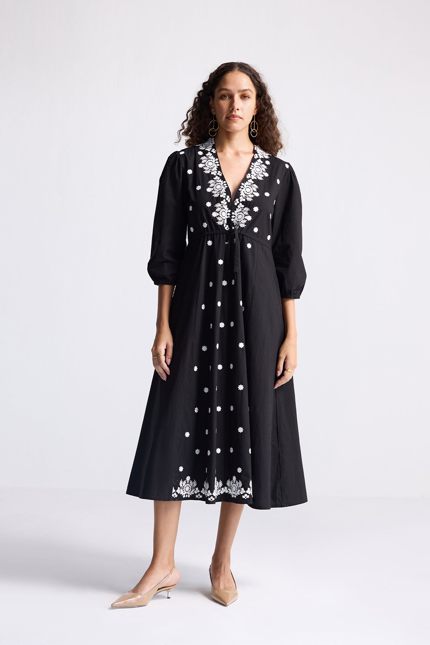 Drawstring Embroidered Dress in Black Long Shot