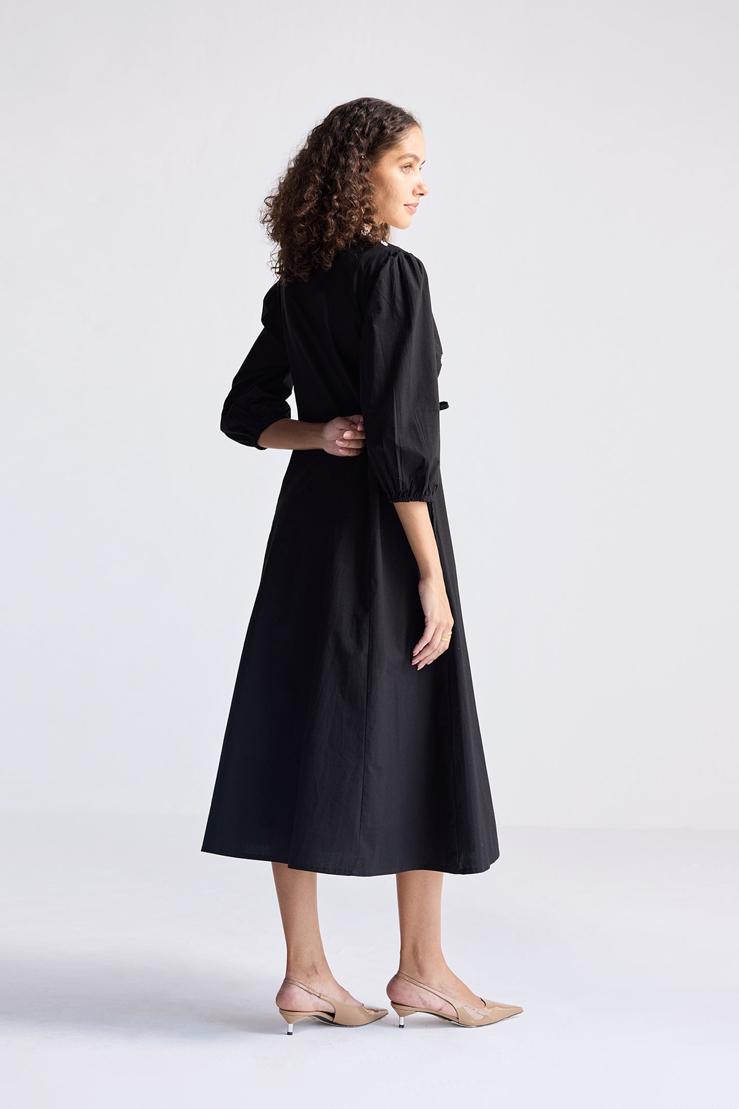 Drawstring Embroidered Dress in Black Long Shot