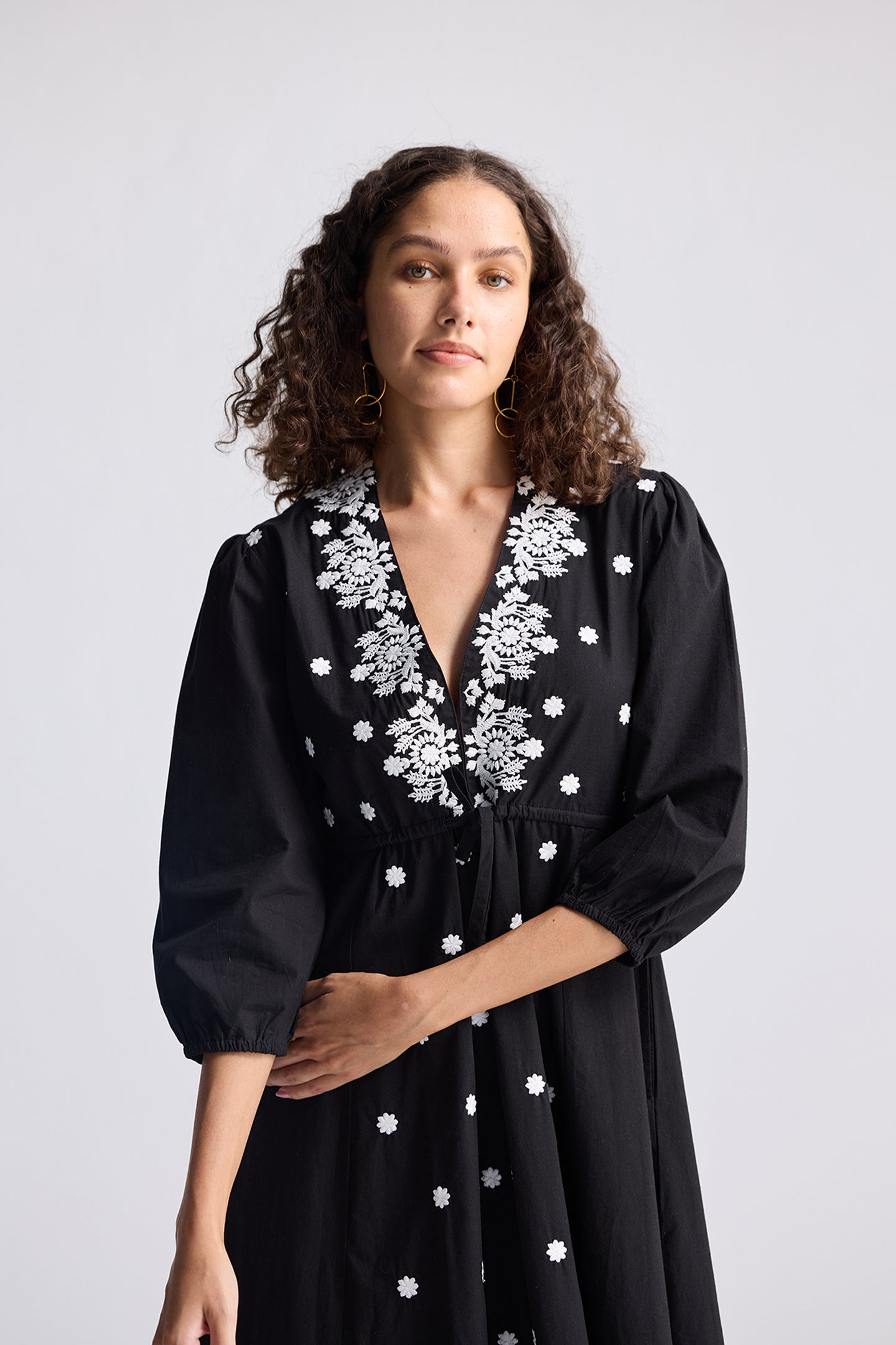 Drawstring Embroidered Dress in Black