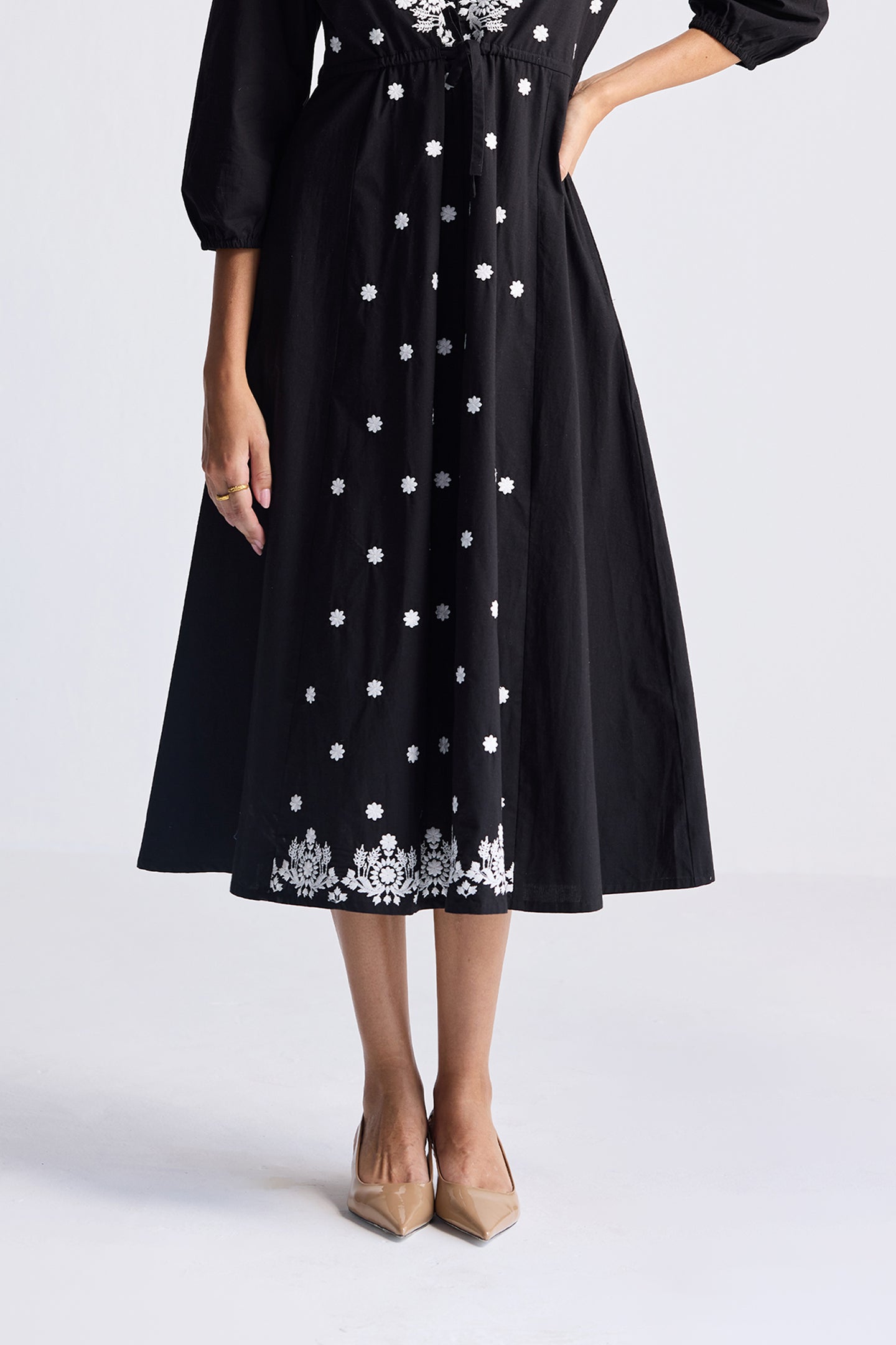 Drawstring Embroidered Dress in Black Closeup