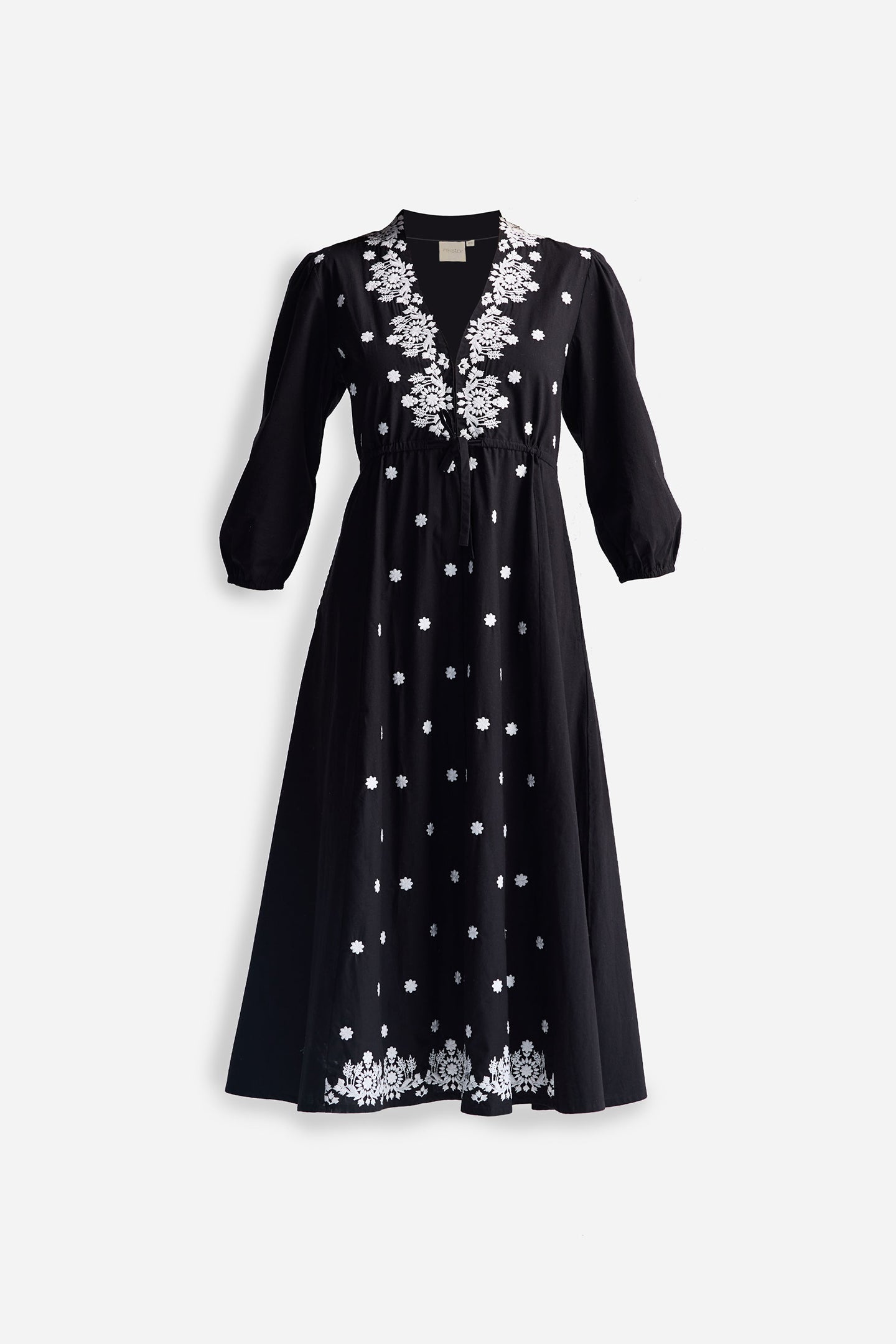 Drawstring Embroidered Dress in Black Flat Lay