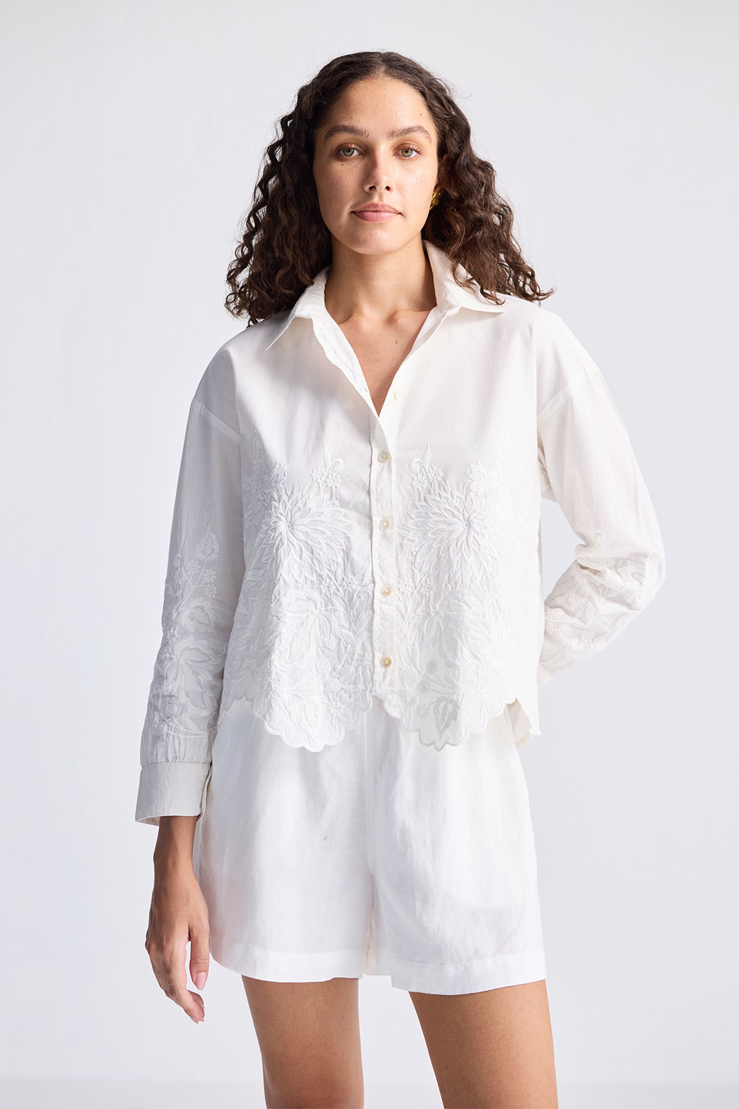 Embroidered Button-up Shirt in White Medium shot