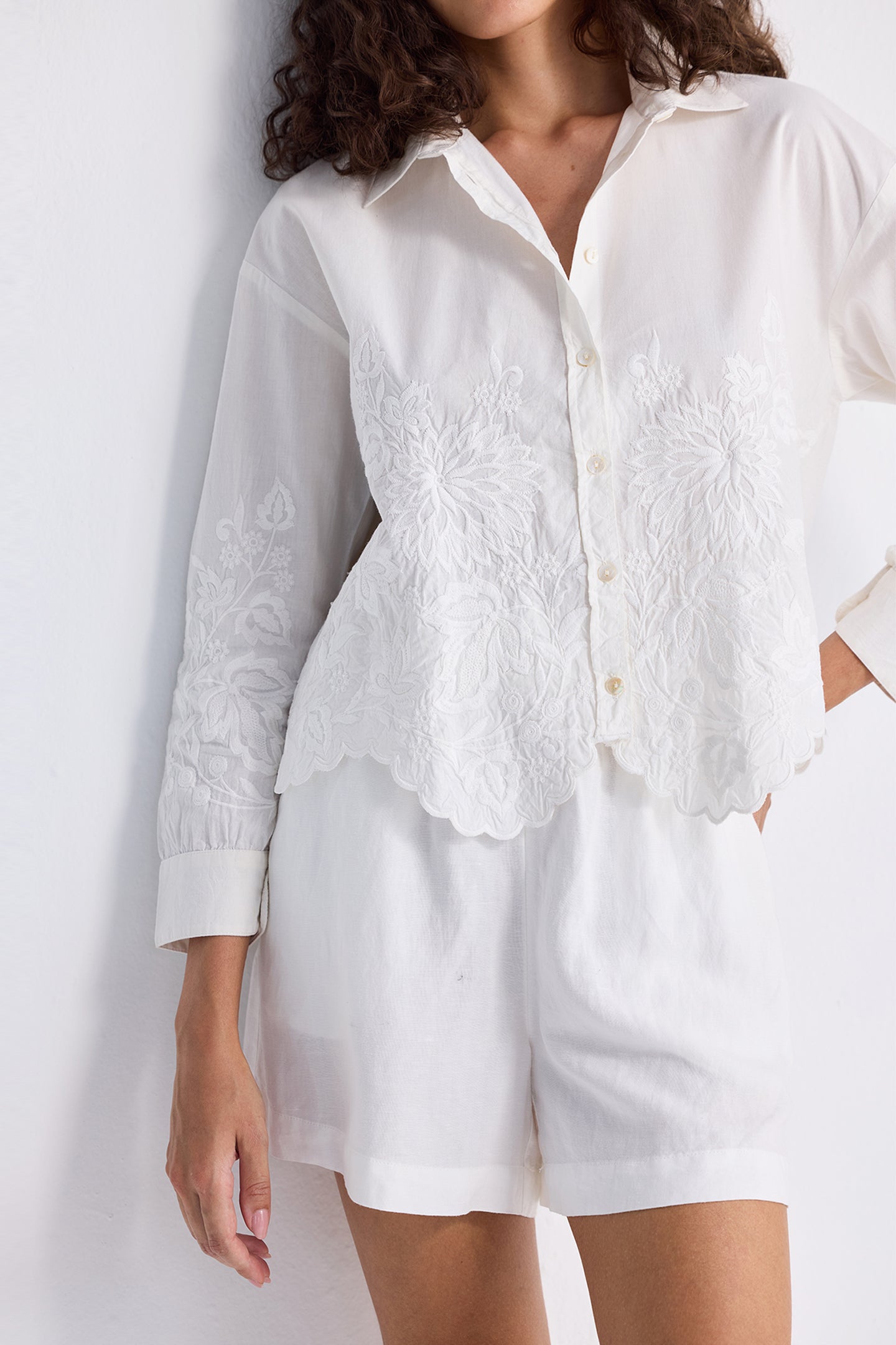 Embroidered Button-up Shirt in White Closeup