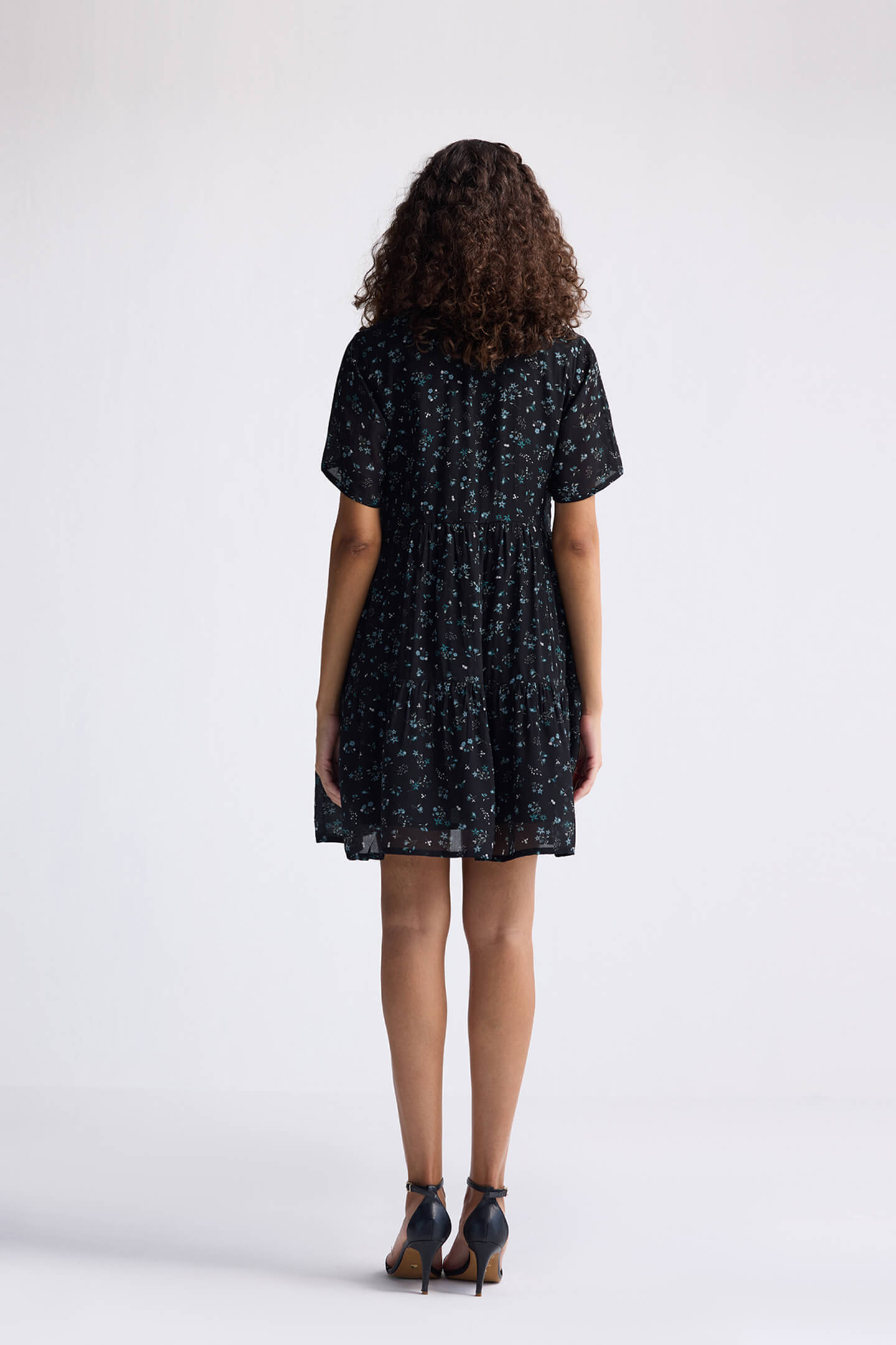 Floral Short Tiered Dress in Dark Blue Long Shot