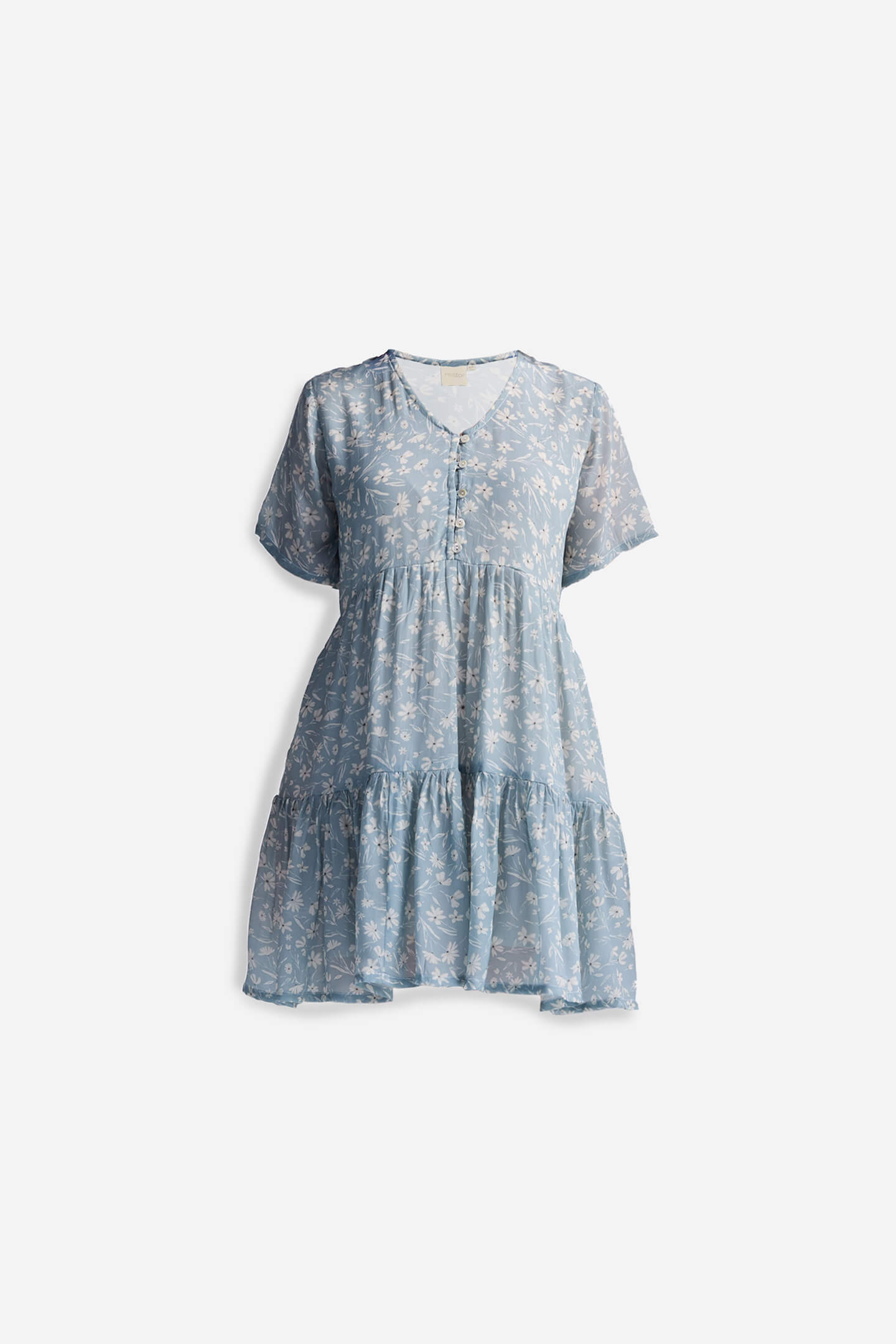 Floral Short Tiered dress in Light Blue Flat Lay