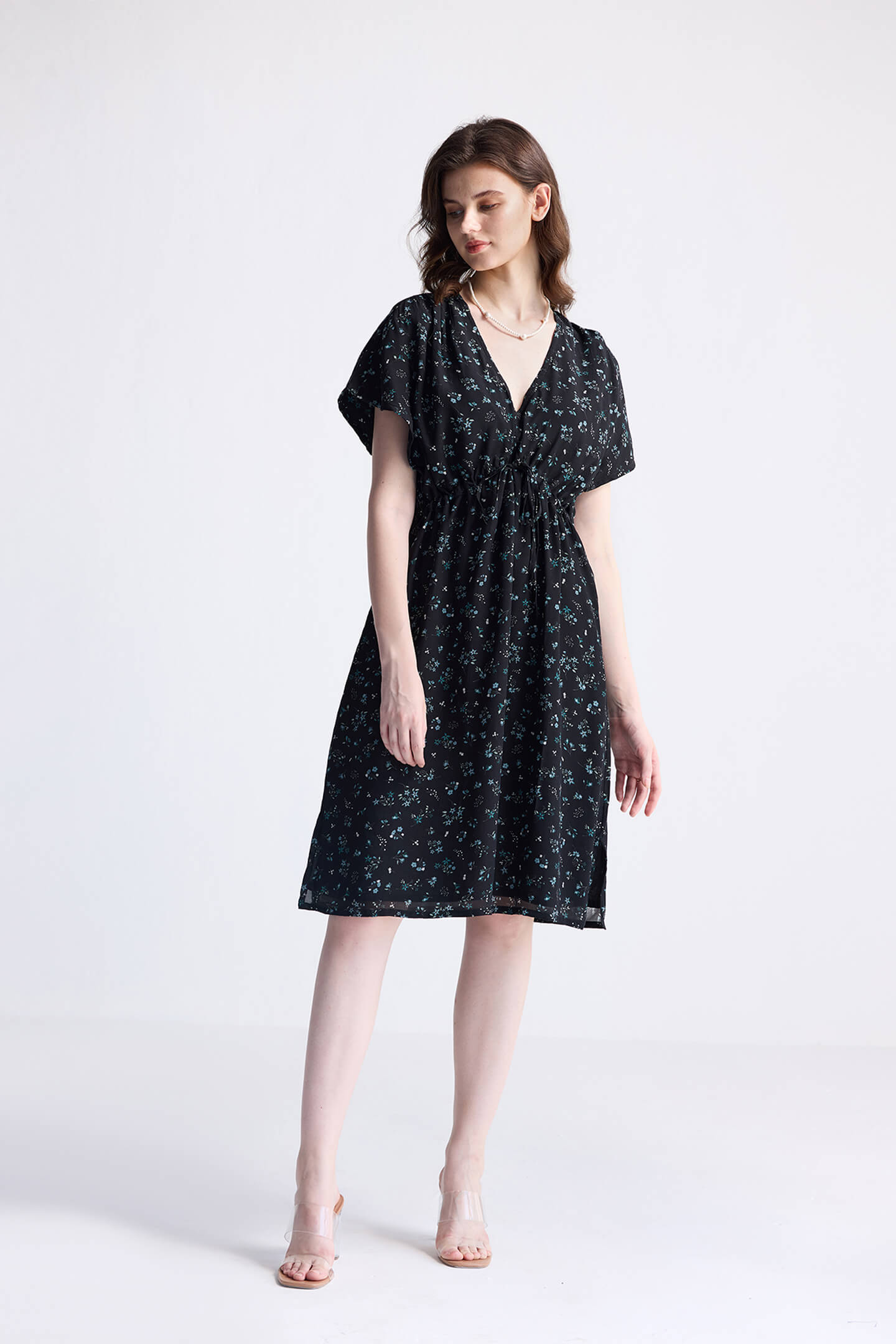 Gathered Knee-length Dress in Dark Blue Florals Long Shot
