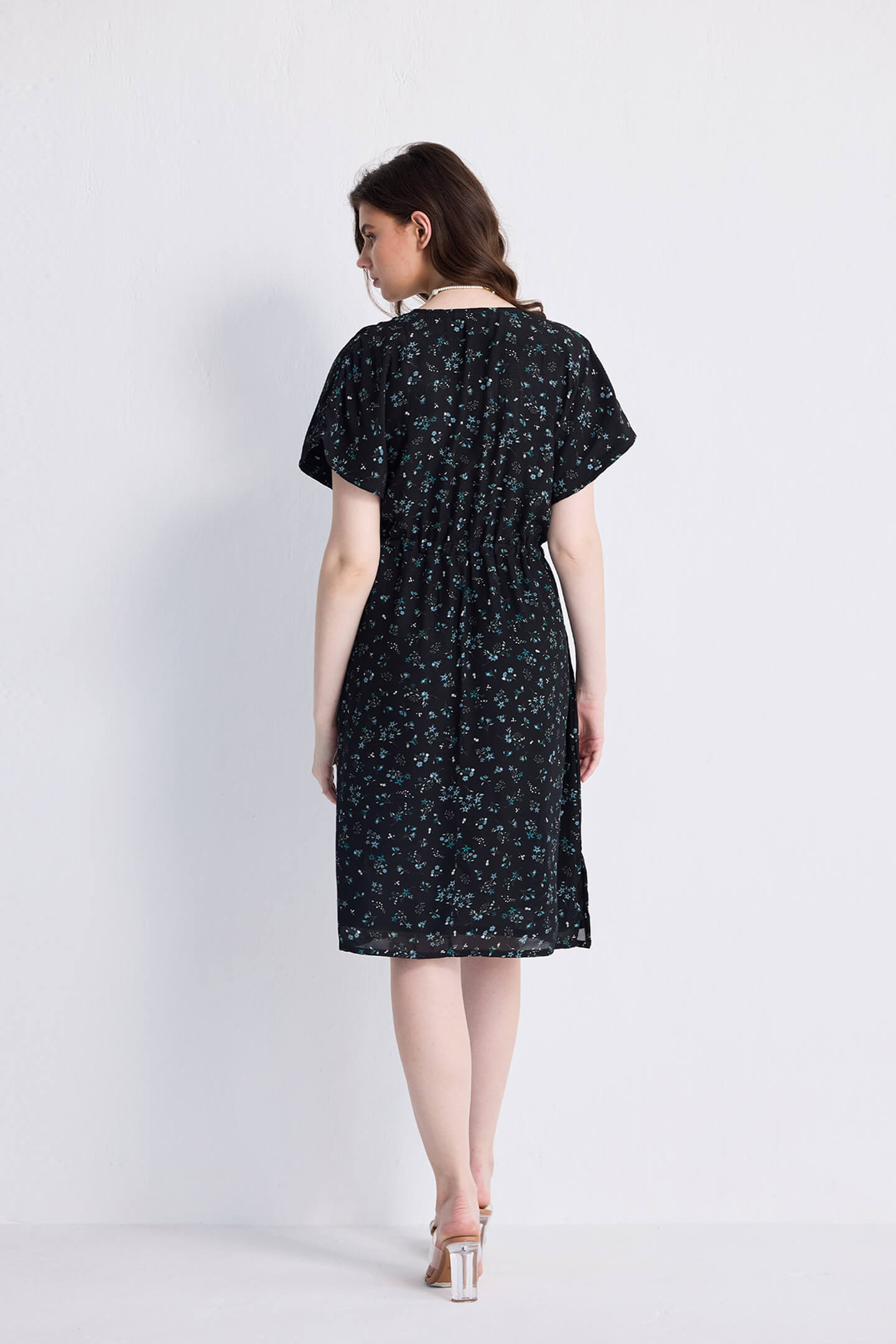 Gathered Knee-length Dress in Dark Blue Florals Long Shot