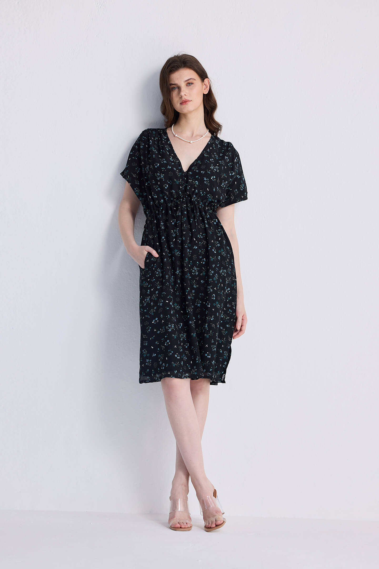 Gathered Knee-length Dress in Dark Blue Florals Long Shot
