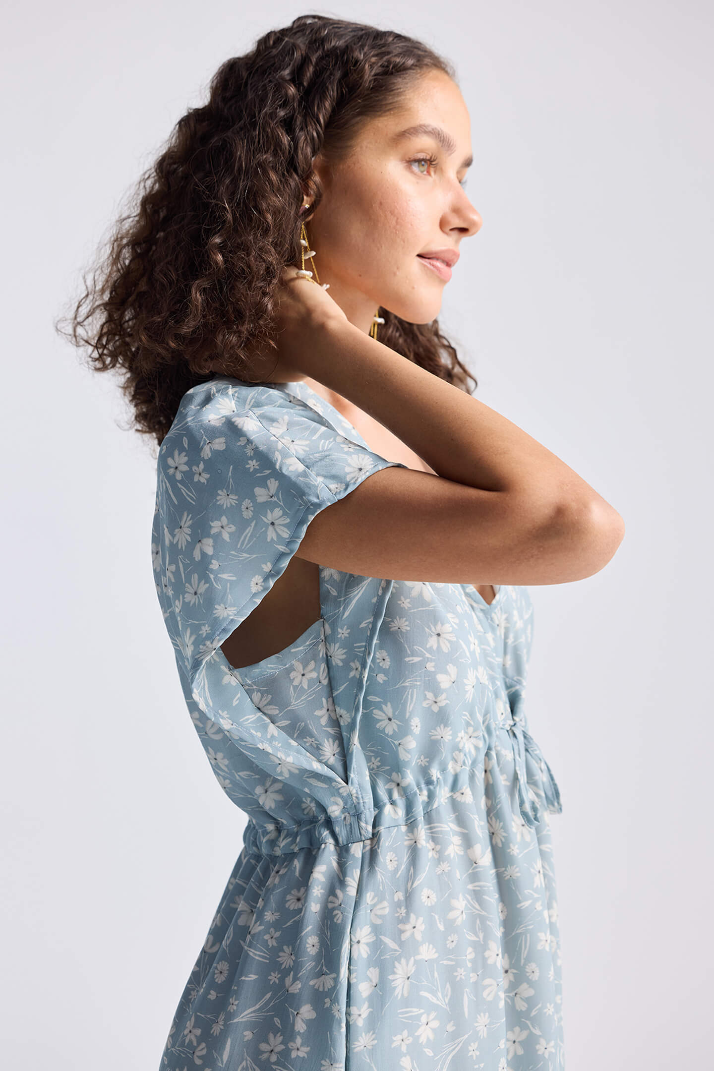 Gathered Maxi Dress in Light Blue Florals