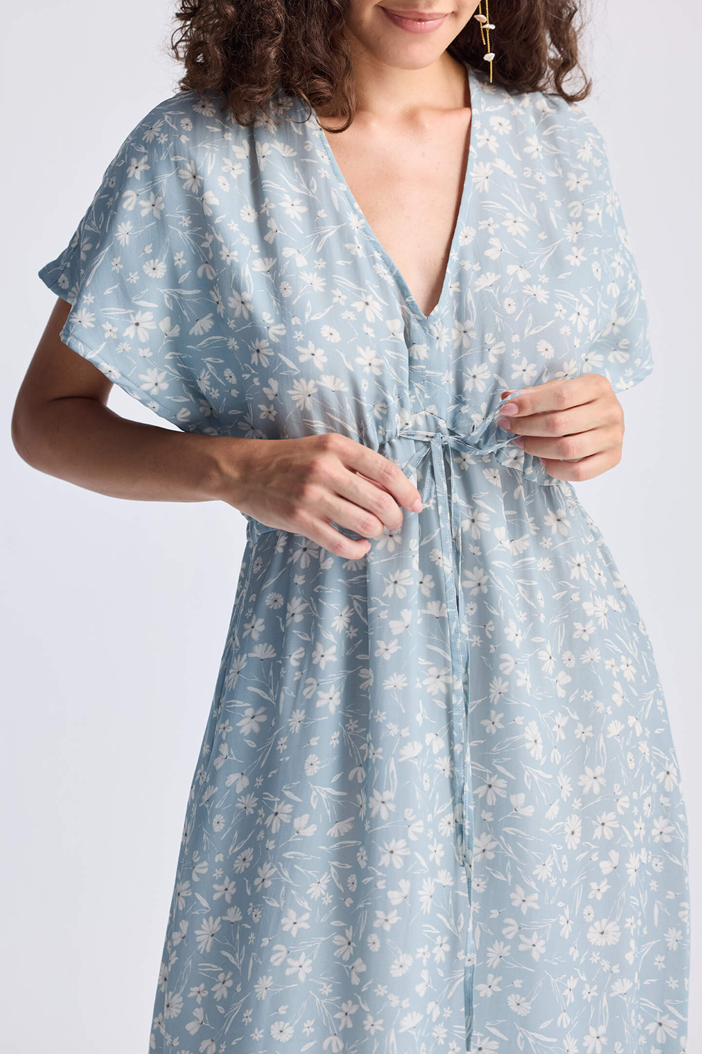 Gathered Maxi Dress in Light Blue Florals Closeup
