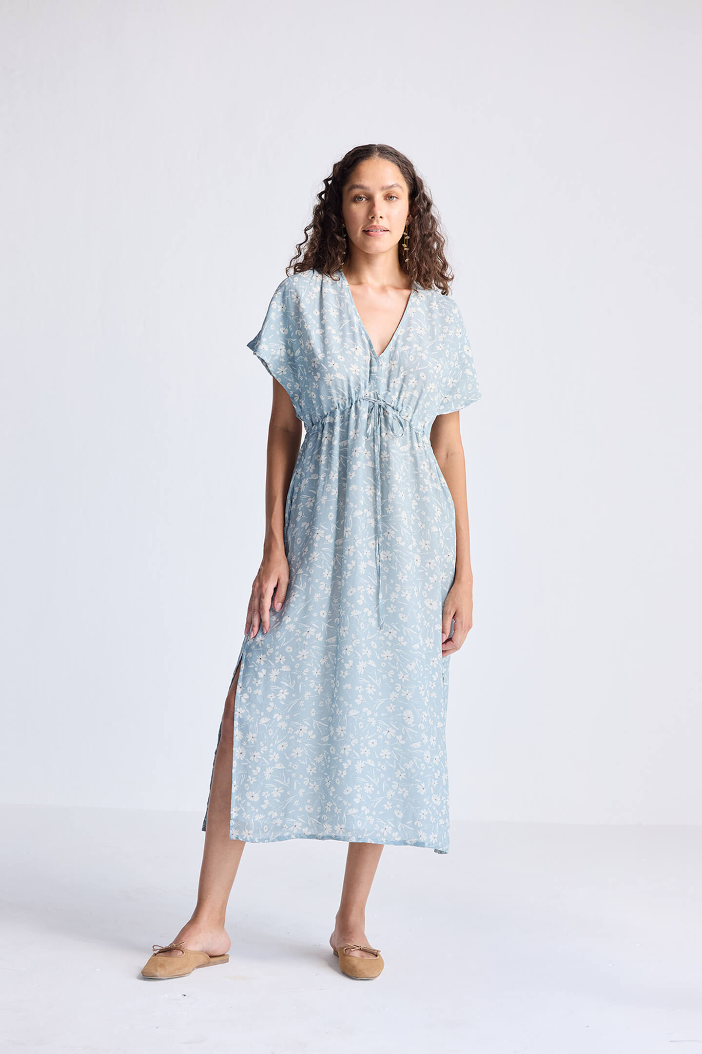 Gathered Maxi Dress in Light Blue Florals Reistor Gathered Maxi Dress in Light Blue Florals Reistor